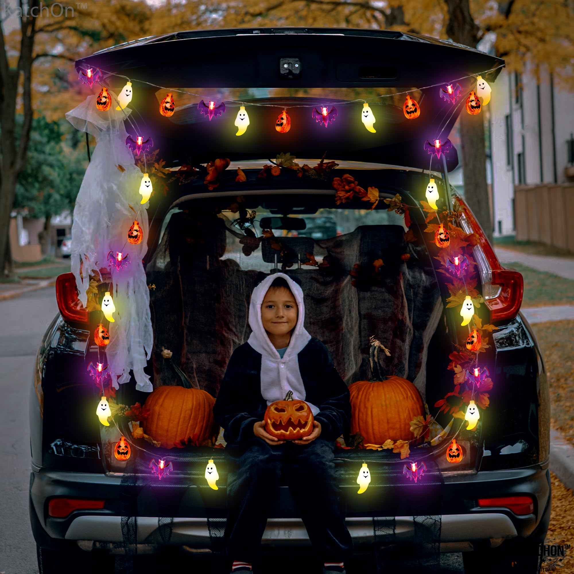 KatchOn Halloween String Lights - 30 LED, 20 Feet, Bat and Ghost, Plastic Decor for Outdoor Yard and Golf Cart