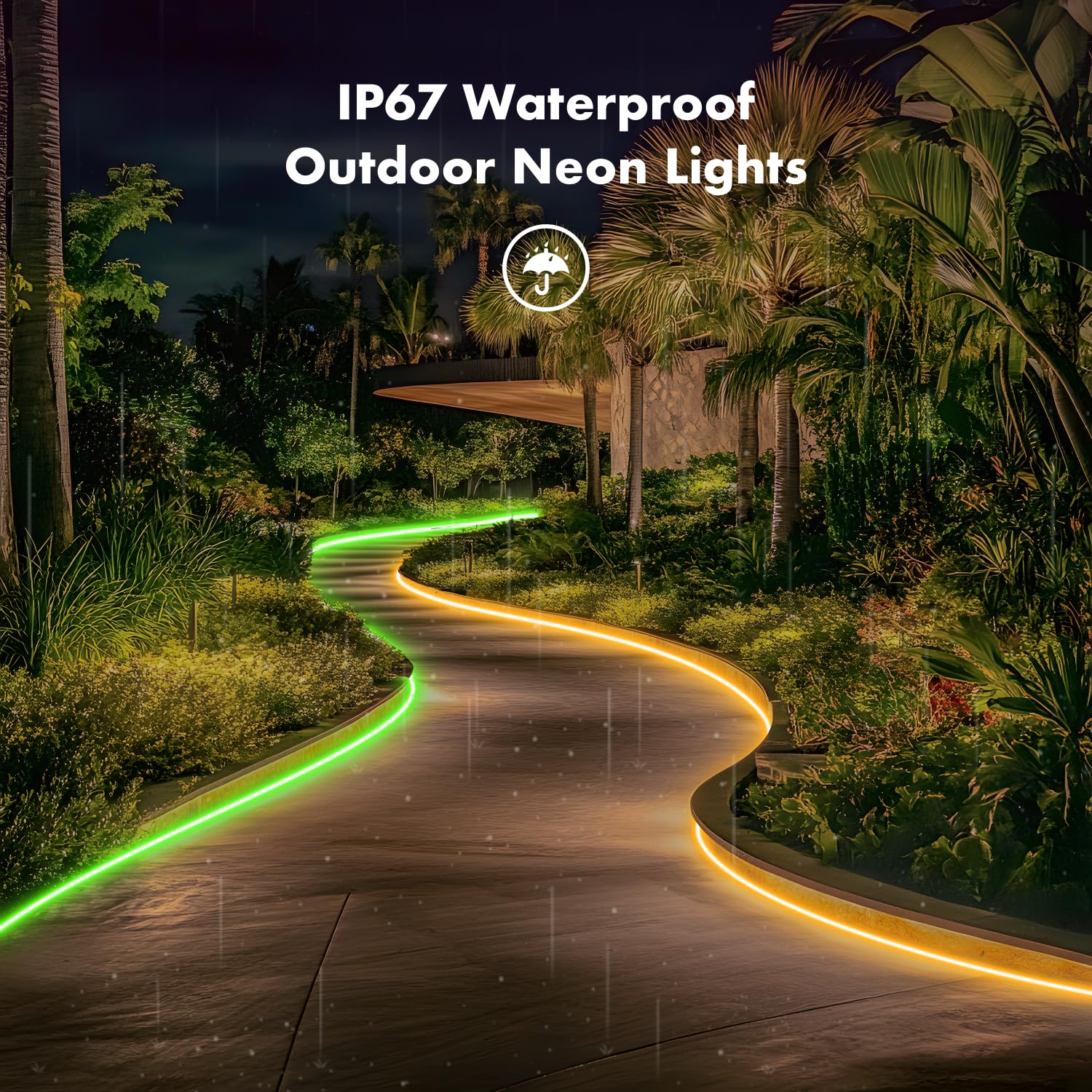 JIAMEI Neon Rope Lights, 49.21FT RGB LED Strip, App Control, Music Syncing, IP67 Waterproof, Multicolor, Model YIKUN-612NHRGB001