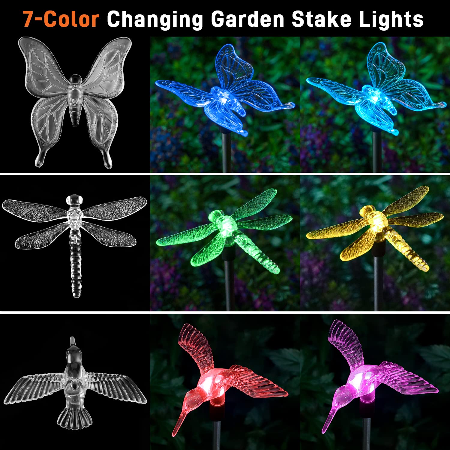 Solar Garden Lights - 3 Pack Solar Stake Lights Outdoor, Color Changing Solar Powered Halloween Decorative Landscape Lighting Hu