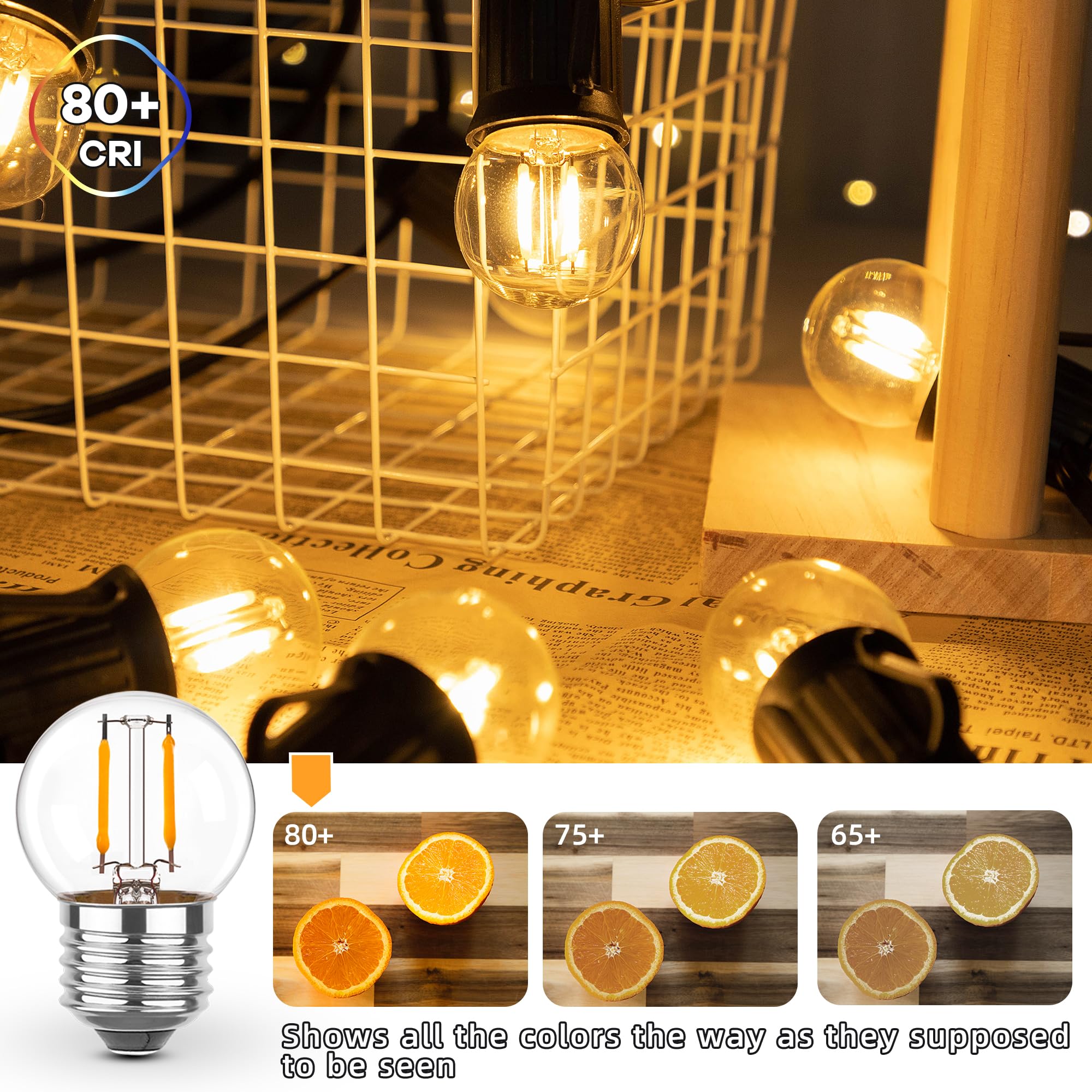 Grensk E26 Low Light Bulbs,1Watt G40 Edsion Small Led Light Bulbs Equal To 10W Incandescent,2700K Warm White For Bedside Lights, Wall Lights, Porch Lights, Courtyard Light Strings,230V,2Pcs