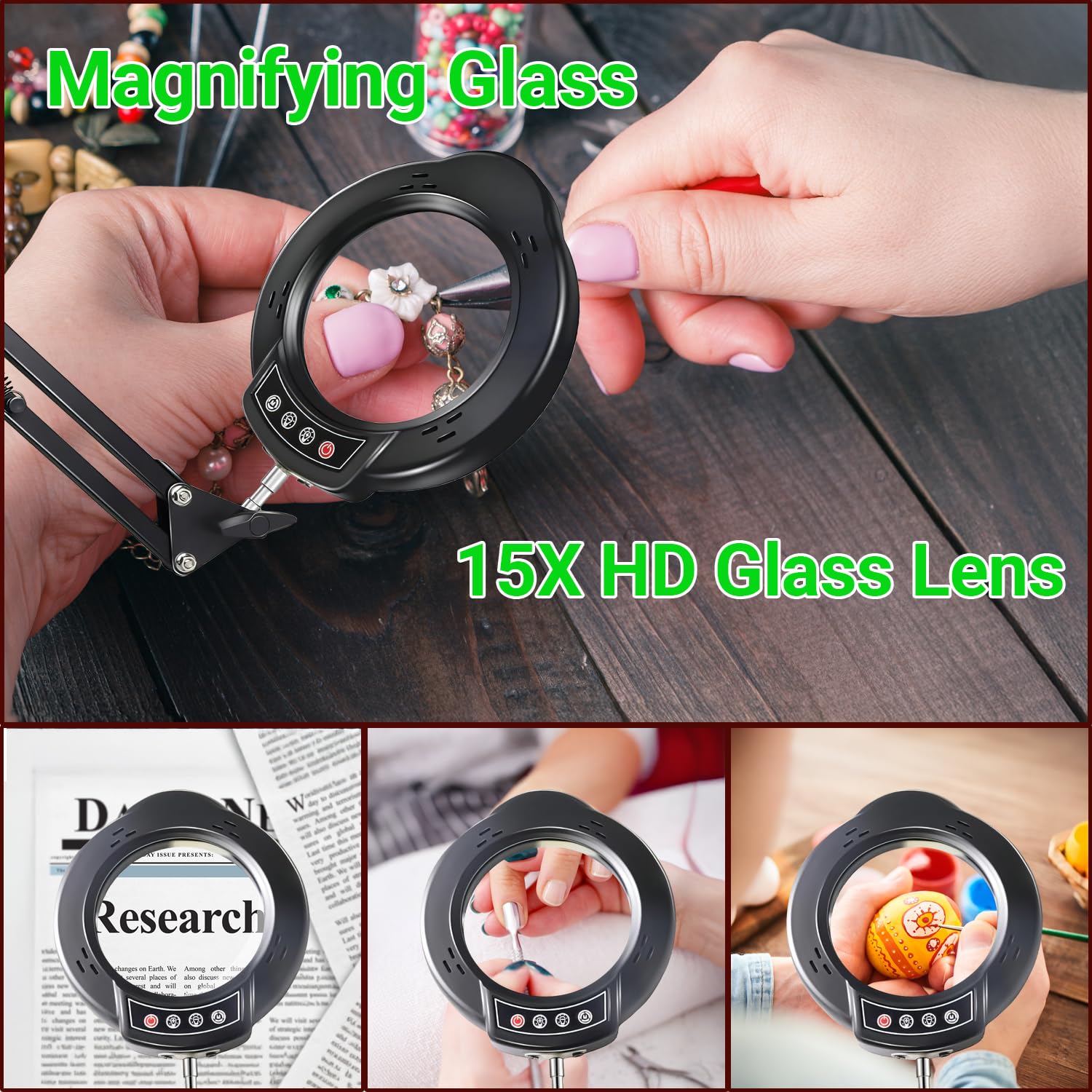 Amzchen 15X Magnifying Glass with Light, 5 Color Modes, Adjustable Brightness, Hands-Free LED Desk Lamp, Black