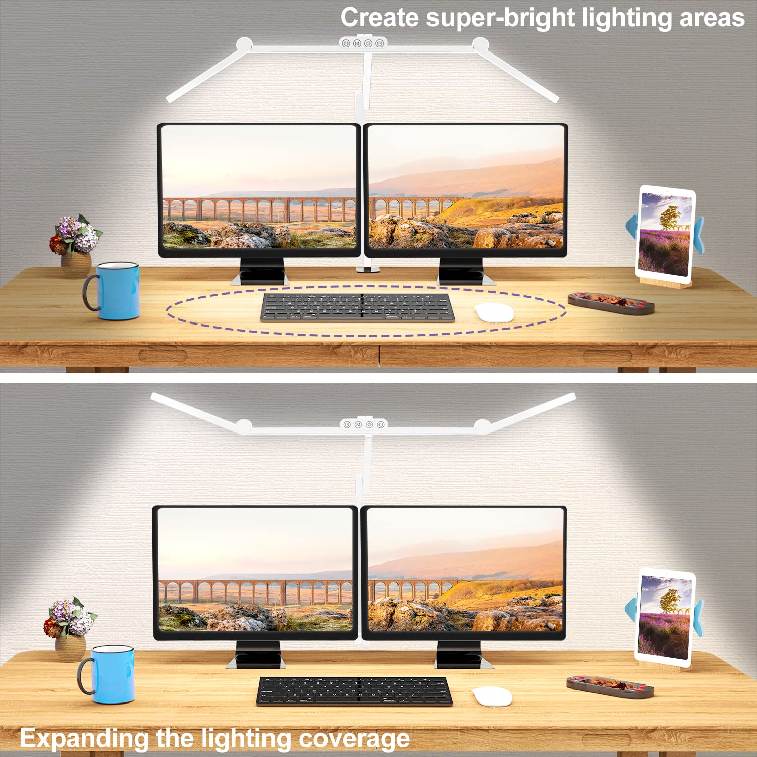 Micomlan Led Desk Lamp, 24W Rotatable Light, 28in Light Bar, White Metal, Model FDDL03, Stepless Dimming for Home Office