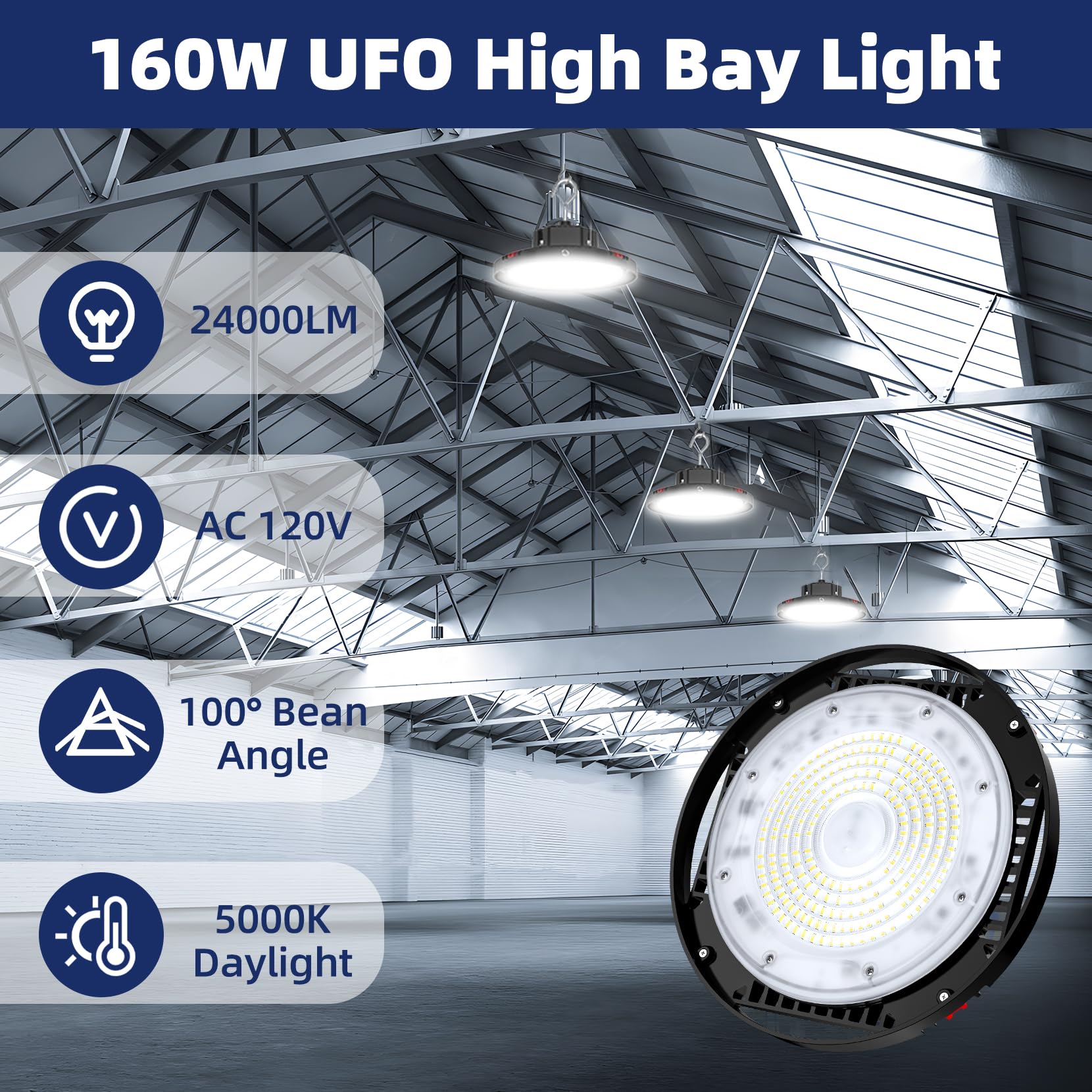 CINOTON 160W UFO LED High Bay Light, 24000LM, 5000K, Aluminum, 2 Pack, ETL Listed, Daylight White