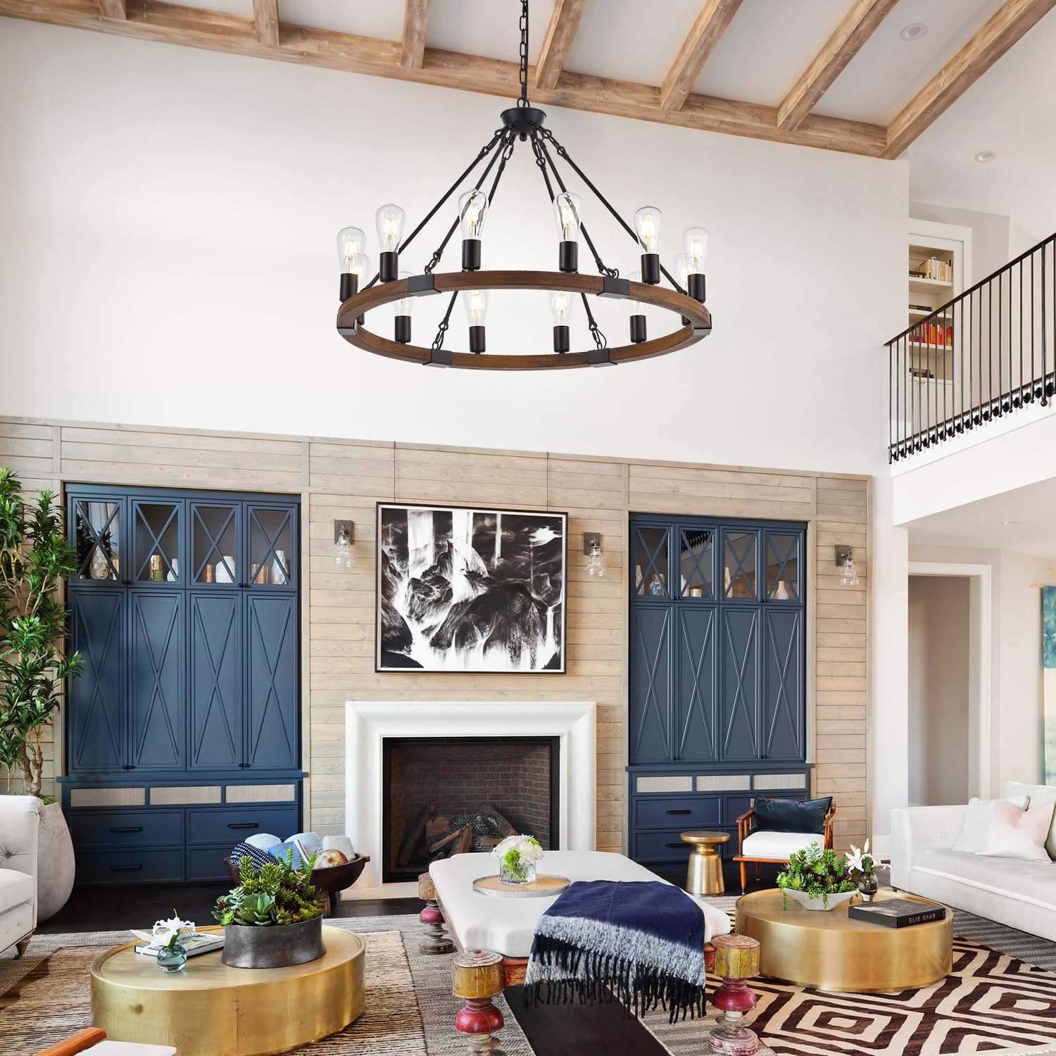 Brfaixla 12 Lights 31.5'' Wooden Wagon Wheel Chandelier Farmhouse, Rustic Black Metal Ceiling Pendant Chandelier Vintage Round W