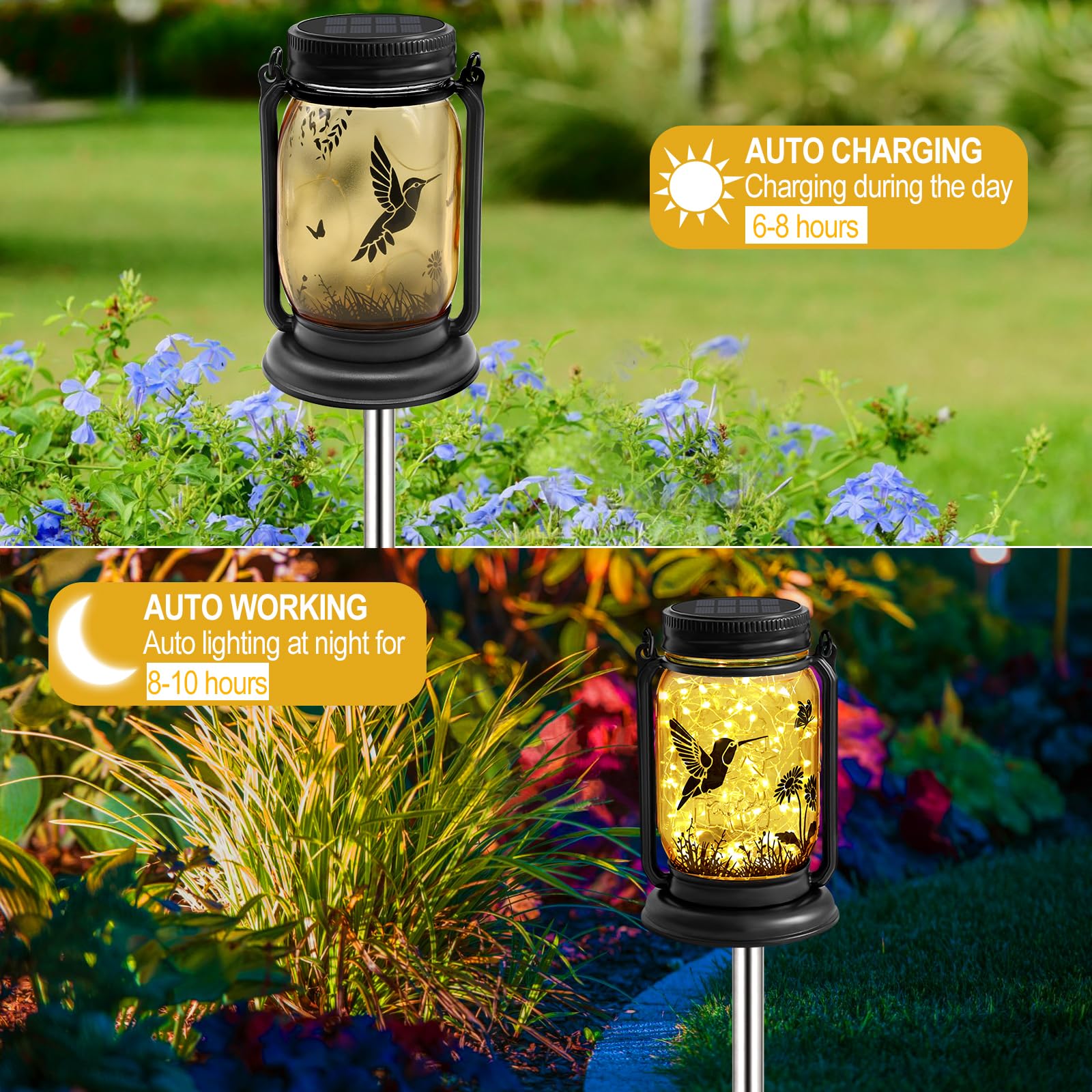 YJFWAL Hummingbird Solar Lanterns, 2 Pack, Vintage Glass, Warm White, Waterproof, Garden Lights, Model NEW-Hummingbird fugumeisen-2P