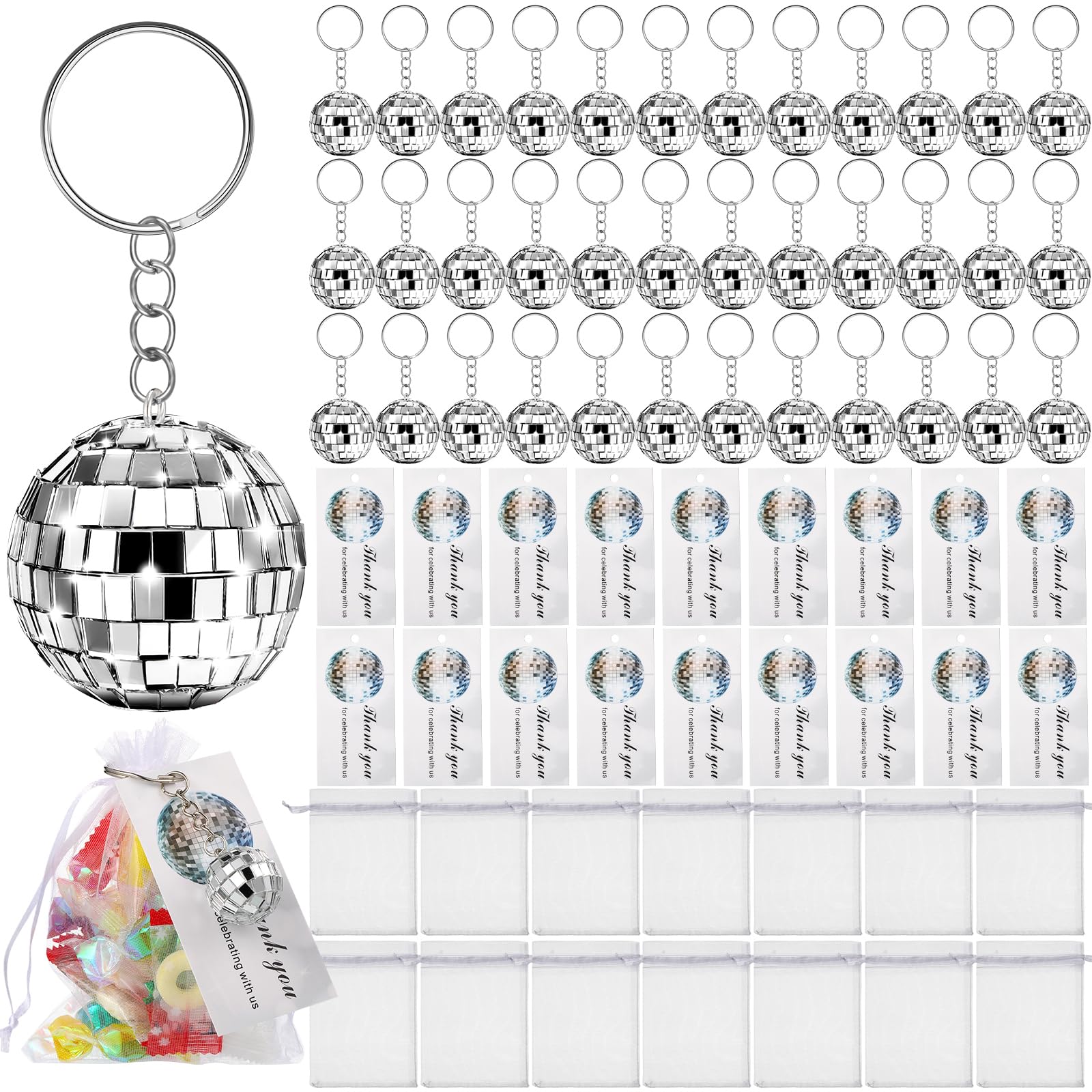 BBTO Mirror Disco Ball Keychain with Drawstring Sheer Organza Bags Thank You Tags 70s Accessories Disco Party Favor Supplies (12