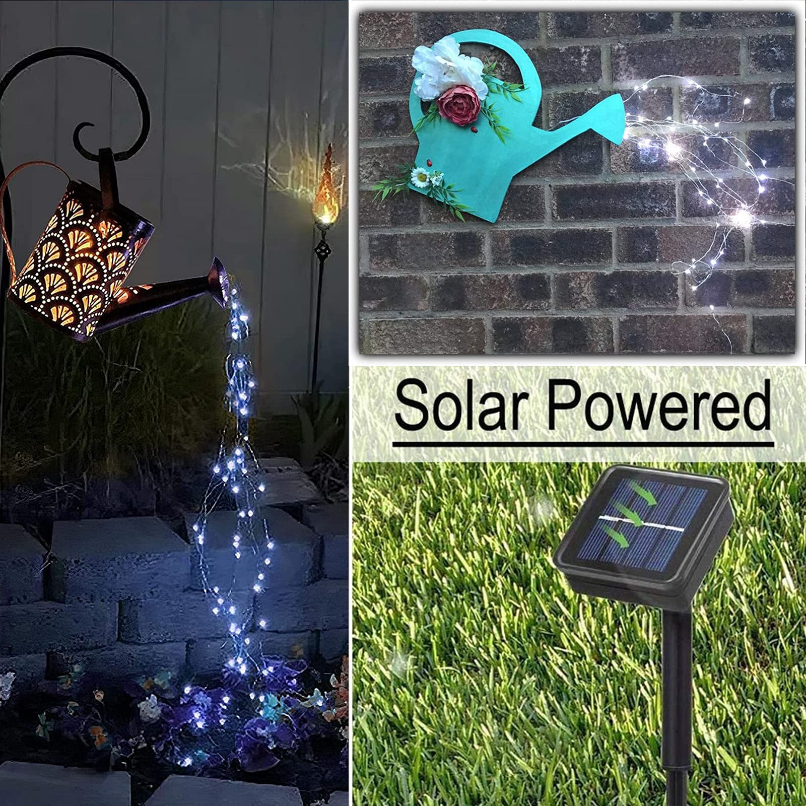 Solar Waterfall Fairy Bunch Lights Outdoor Waterproof 200Leds 8 Modes Watering Can Light (No Can), Solar Powered String Lights F