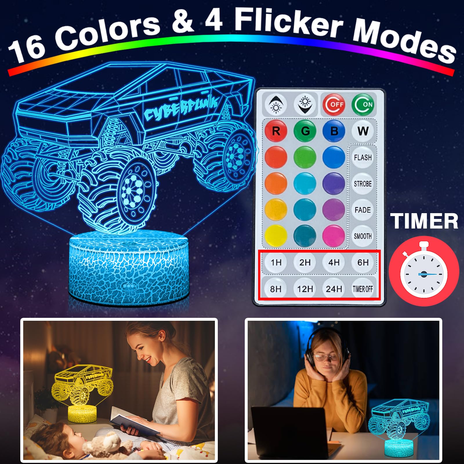 Cyberpunk Style Monster Truck Night Light for Boys Room Decor, 16 Colors LED Lights - Touch and Remote Control, Timer Tpye-C Dim