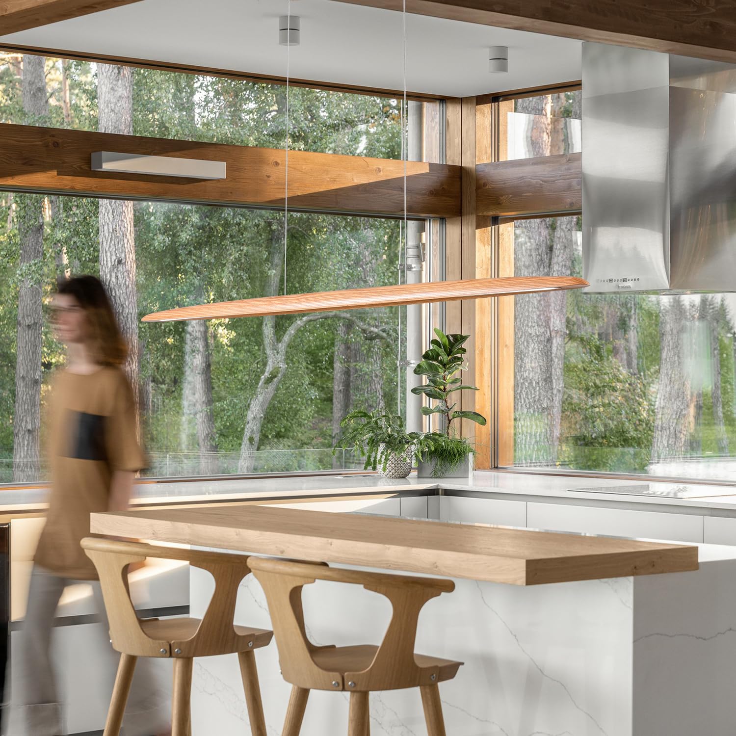 Yisdesign 51'' 36W Wood Led Linear Pendant Light Fixture Led Dining Room Light Dimmable Hanging Light Fixture For Dining Room Ki