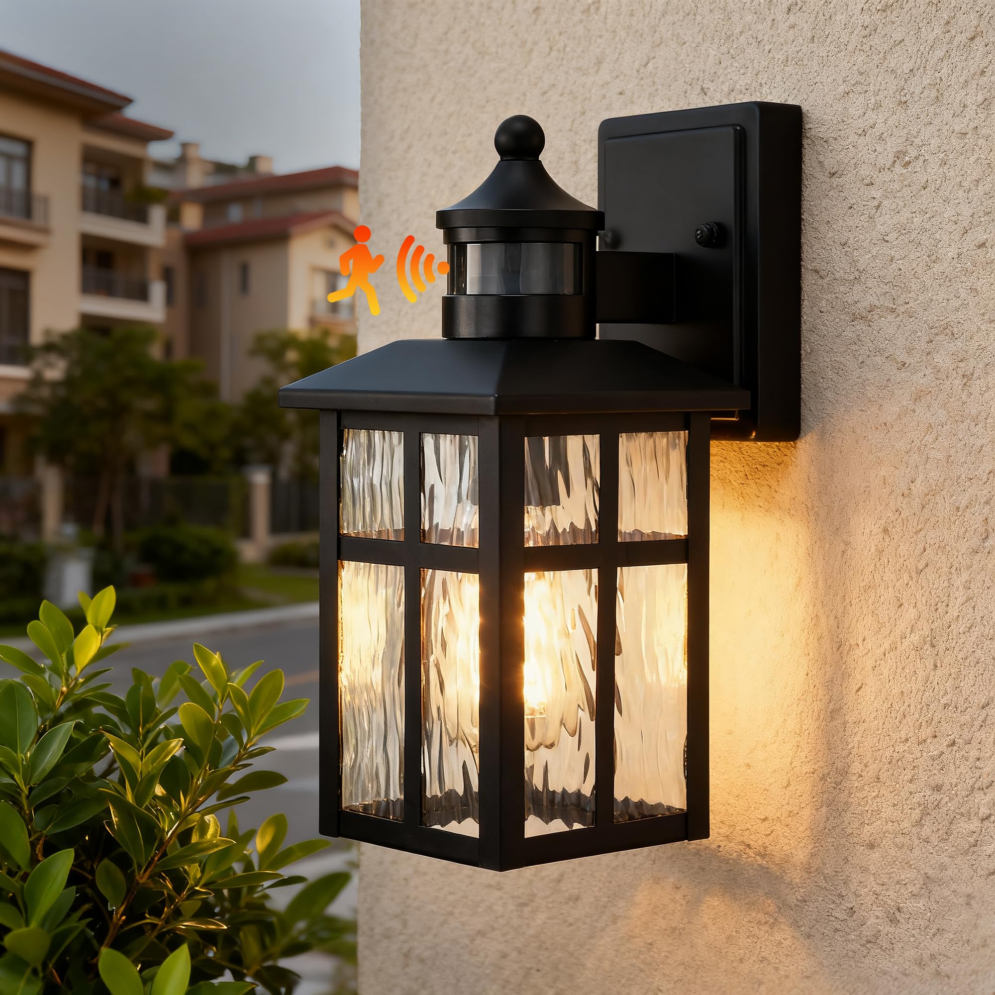 Edvivi Outdoor Wall Lights Exterior  Dusk to Dawn Motion Sensor Outdoor Lighting Fixture with Water Glass  12 in. H 1-Light Matte Black Waterproof Wall Lantern Light for Patio Garden Garage Entryway