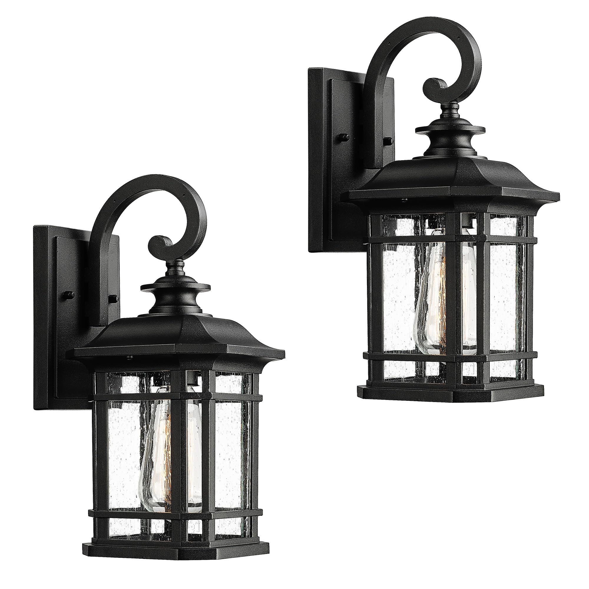 Emliviar Outdoor Wall Lanterns 2 Pack, 1-Light Exterior Wall Mount Light, Black Finish with Clear Seedy Glass, 2084B-2BK