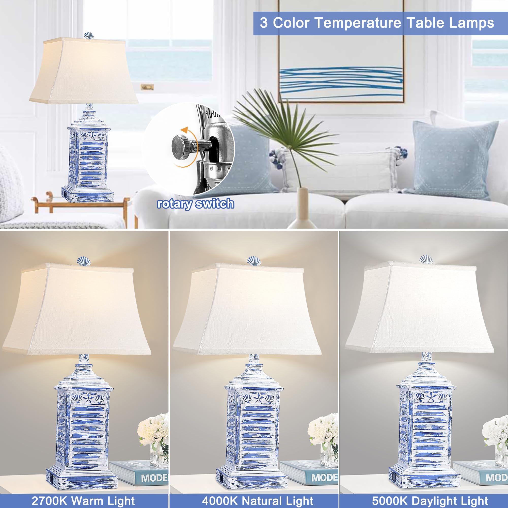 Hamucd Coastal Table Lamps Set of 2, Blue Resin, USB Ports, AC Outlet, Farmhouse Style, Model HMLP278AL2