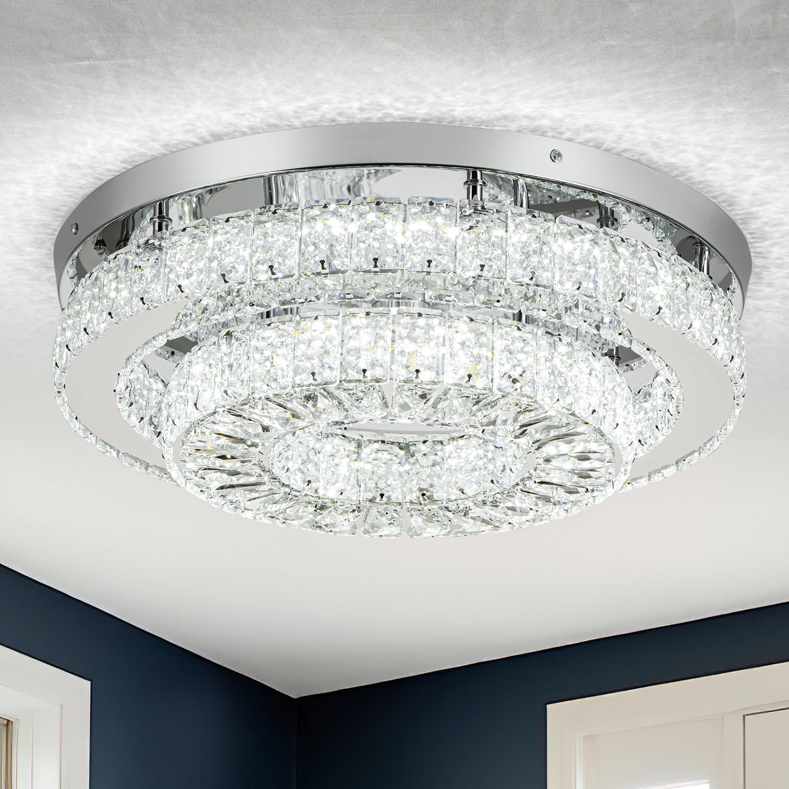 HOPGGIE 18 Crystal Chandelier 2-Layer Ceiling Light Fixture Flush Mount LED Large Chandelier Light for Living Room Dining Room B