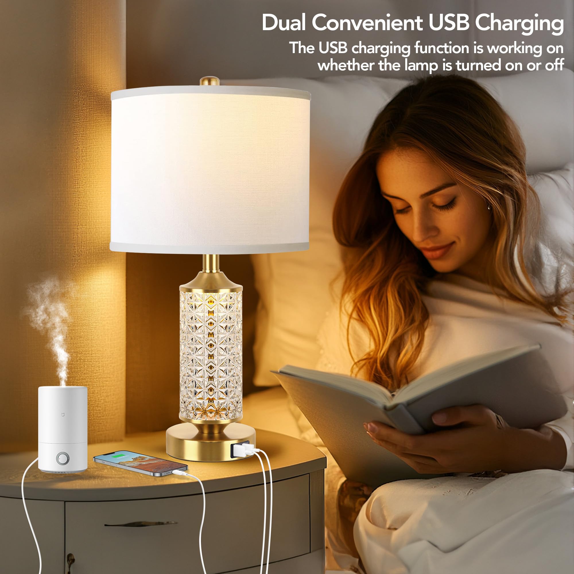 Qimh Set Of 2 Table Lamps With Usb Ports, Modern Bedside Lamp With Led Night Light For Bedroom, Nightstand Lamps For Living Room