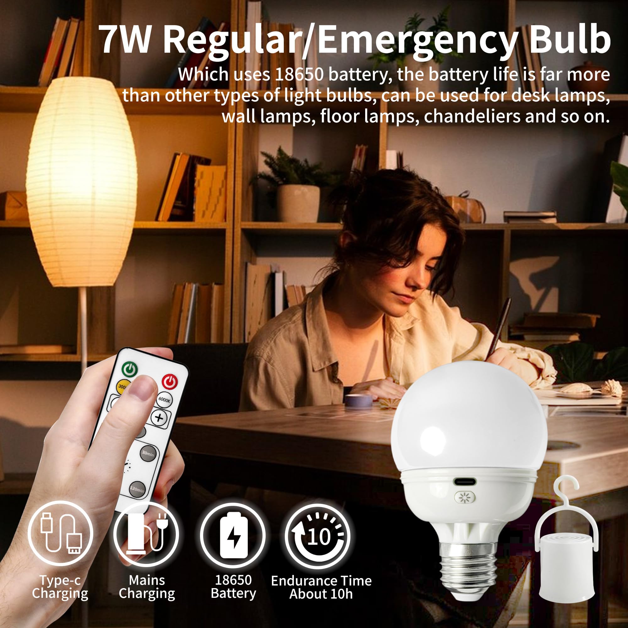 Loczar Rechargeable Led Light Bulb With Remote, Warm White, Dimmable For Power Outages, 1 Bulb