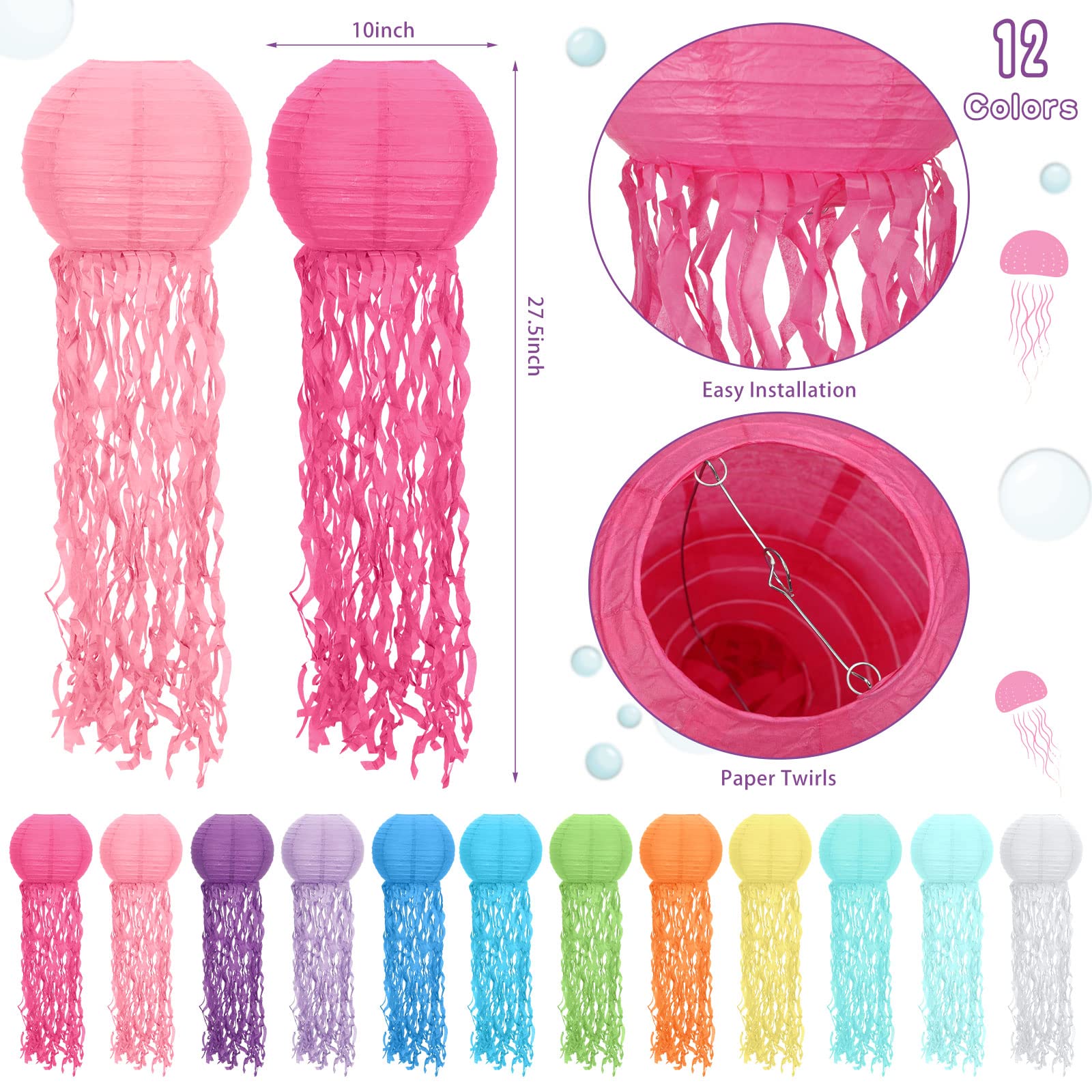 Retisee 12 Pcs Hanging Jellyfish Paper Lanterns Under The Sea Ocean Party Decorations Jelly Fish Decor For Mermaid Beach Theme Birthday Party Baby Shower Baby Classroom, Multicolor(Bright Color)
