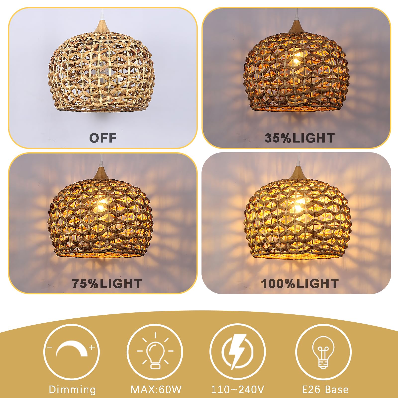 Karjearl Boho Pendant Lights, 15.7'' 1-Light Rattan Chandelier Hand-Woven Wicker Pendant Light With Water Hyacinth Shade, Coasta