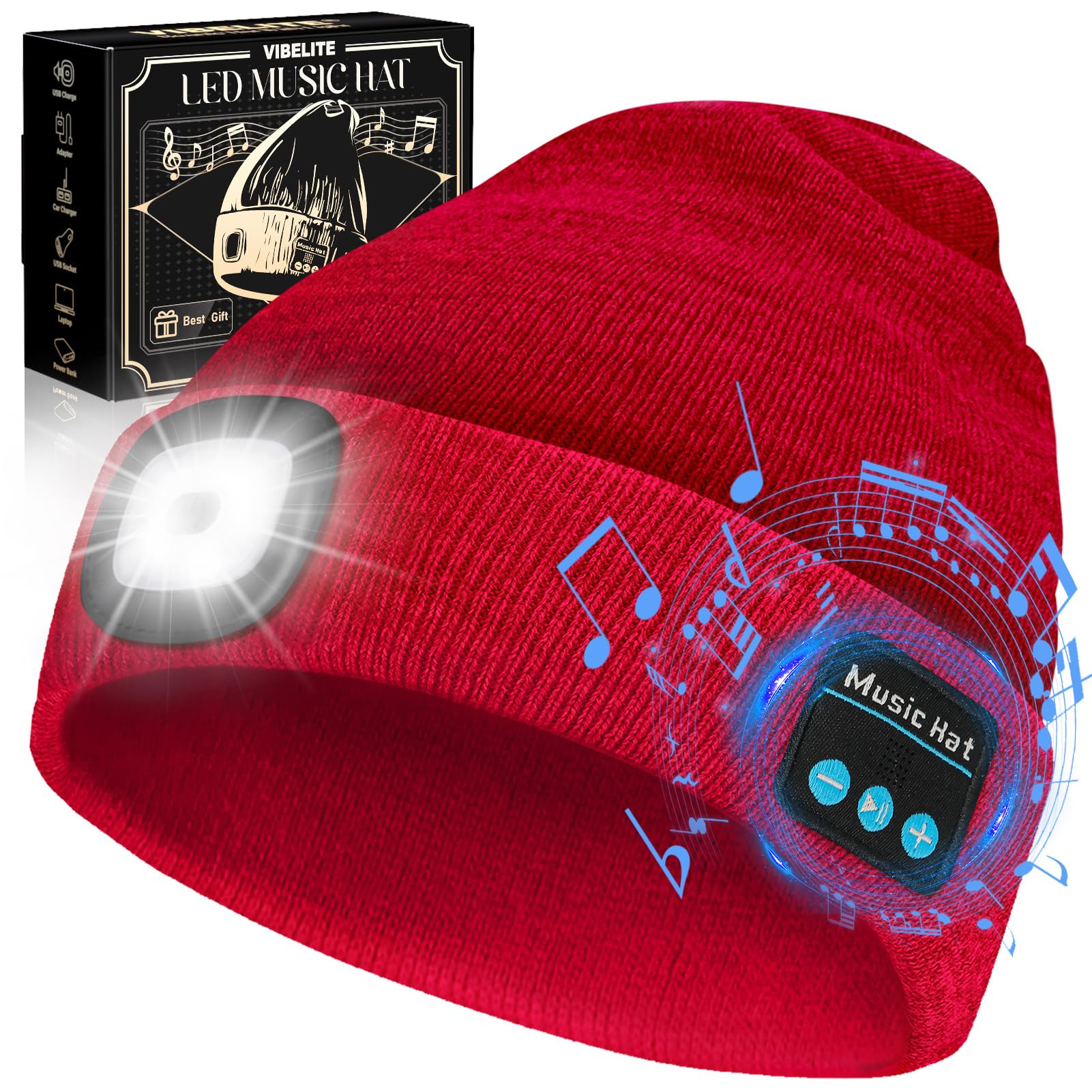 Vibhigh-standard Bluetooth Beanie Hat With Light  Usb Rechargeable Led Headlamp With Wireless Headphones  Christmas Gifts Stocking Stuffers For Men  Teen Boys  Him  Husband  Boyfriend  Red