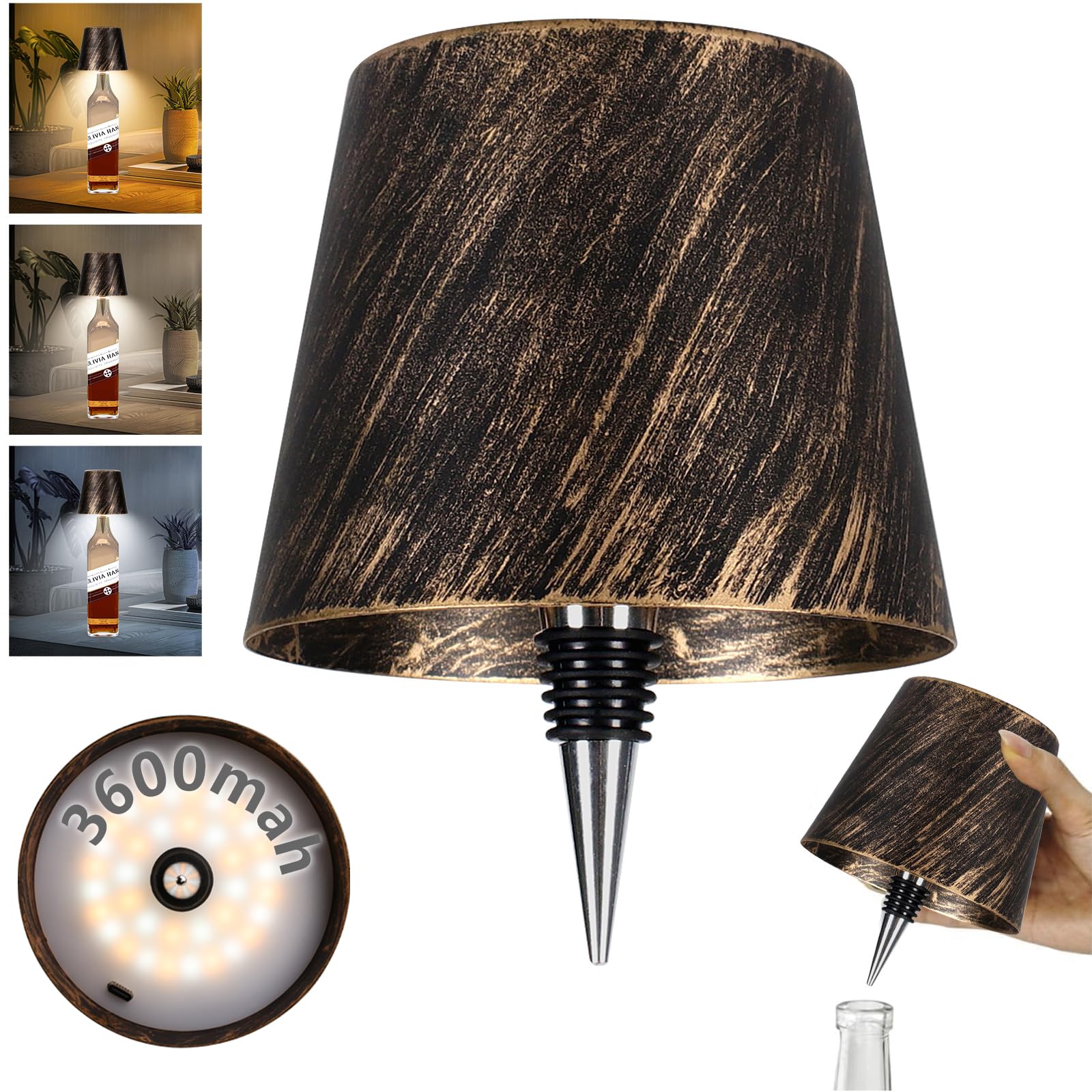 Mebaraul 3600mAh Rechargeable Wine Bottle Lamp, Touch Dimming, Bronze, Model JP001