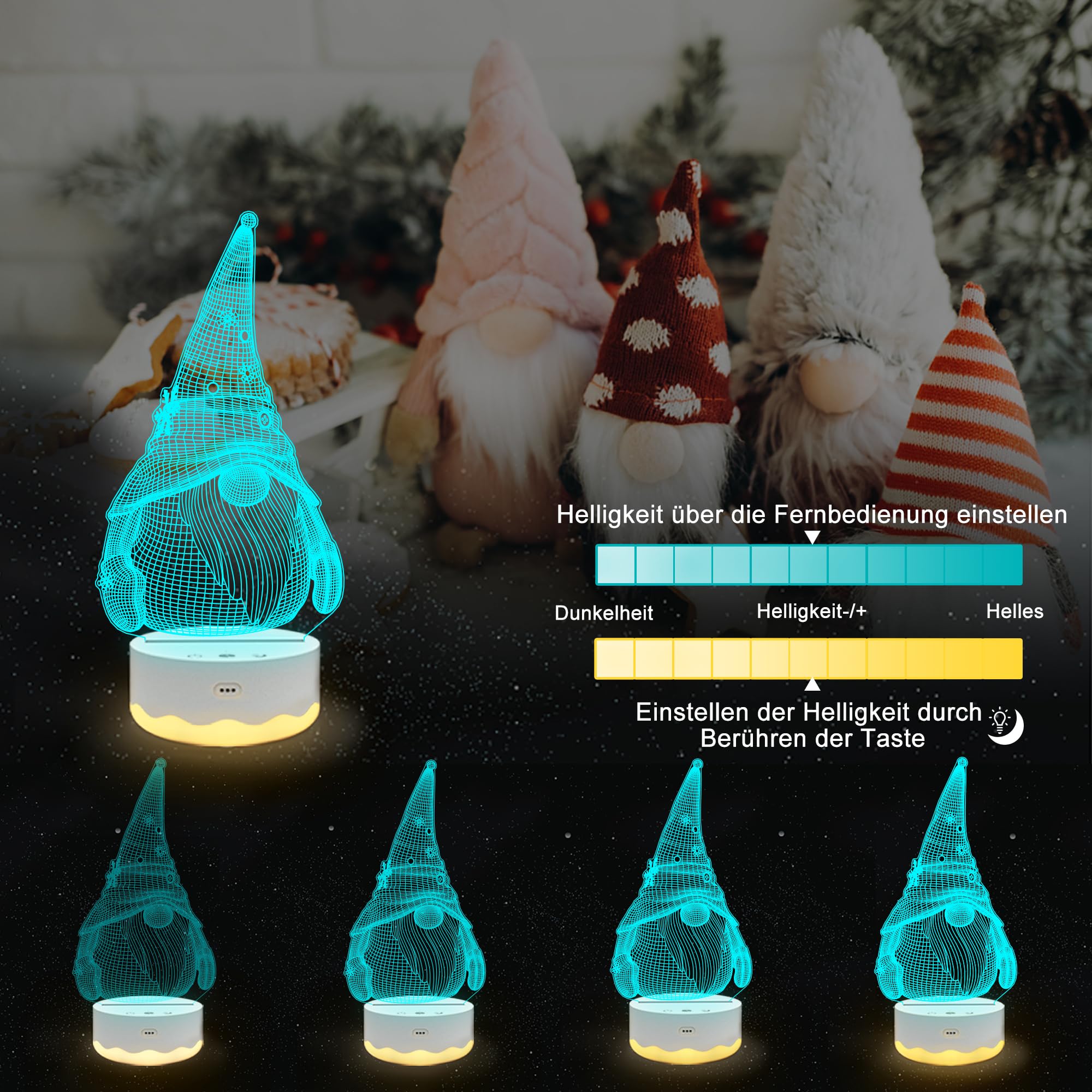Ammonite Gnome Gifts, Gnome Night Light 3D Optical Usb Led Lamp With Remote Touch 16 Color Flashing Changing Timer St Patricks D