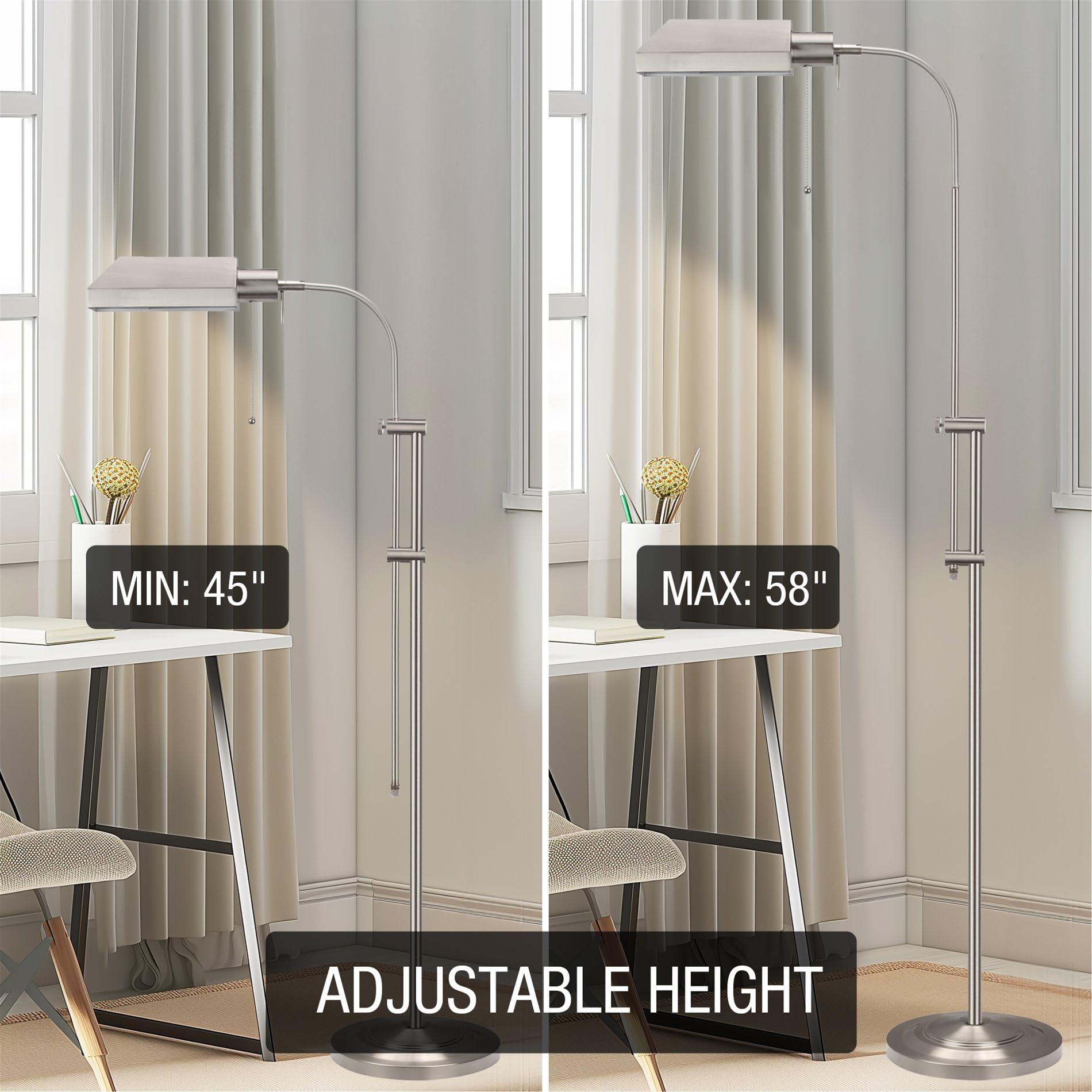 Kira Home Prescott 58'' Modern Adjustable Standing Pharmacy Floor Lamp | Brushed Nickel Finish, Includes 6W Led Bulb (60W Eq.) E