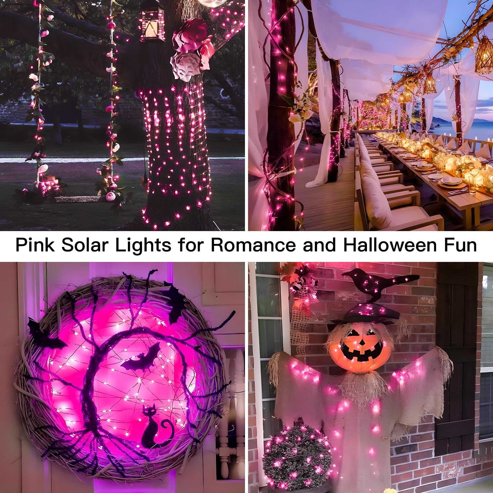 Suddus Pink Solar String Lights For Outside, 2 Pack Total 66Ft 200 Led Pink Fairy Light Outdoor, 8 Modes Solar Twinkle Light For