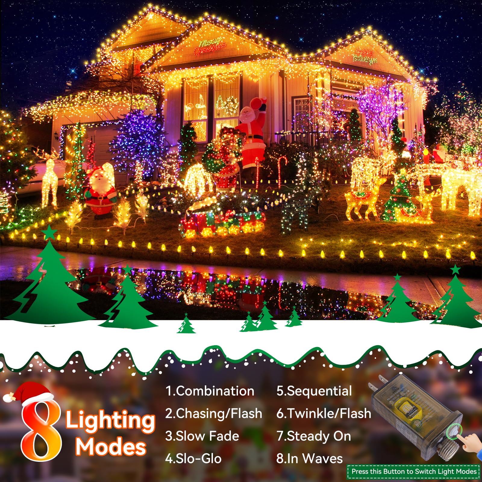 Heceltt 1000 LED Christmas Lights Outdoor, 403FT, Warm White, 8 Modes, Timer, IP44 Waterproof, Model HECE-ST82