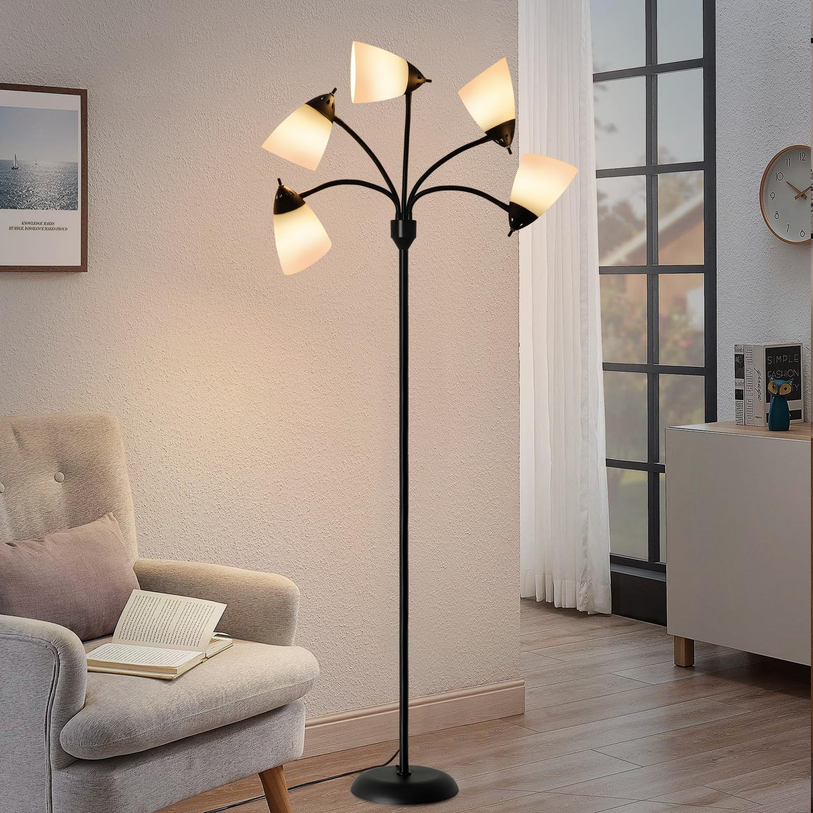 DLLT Modern Floor Lamp for Room: 5-Light Flexible Gooseneck Black Floor Lamps Standing for Living Room Bedroom Home Study Room O