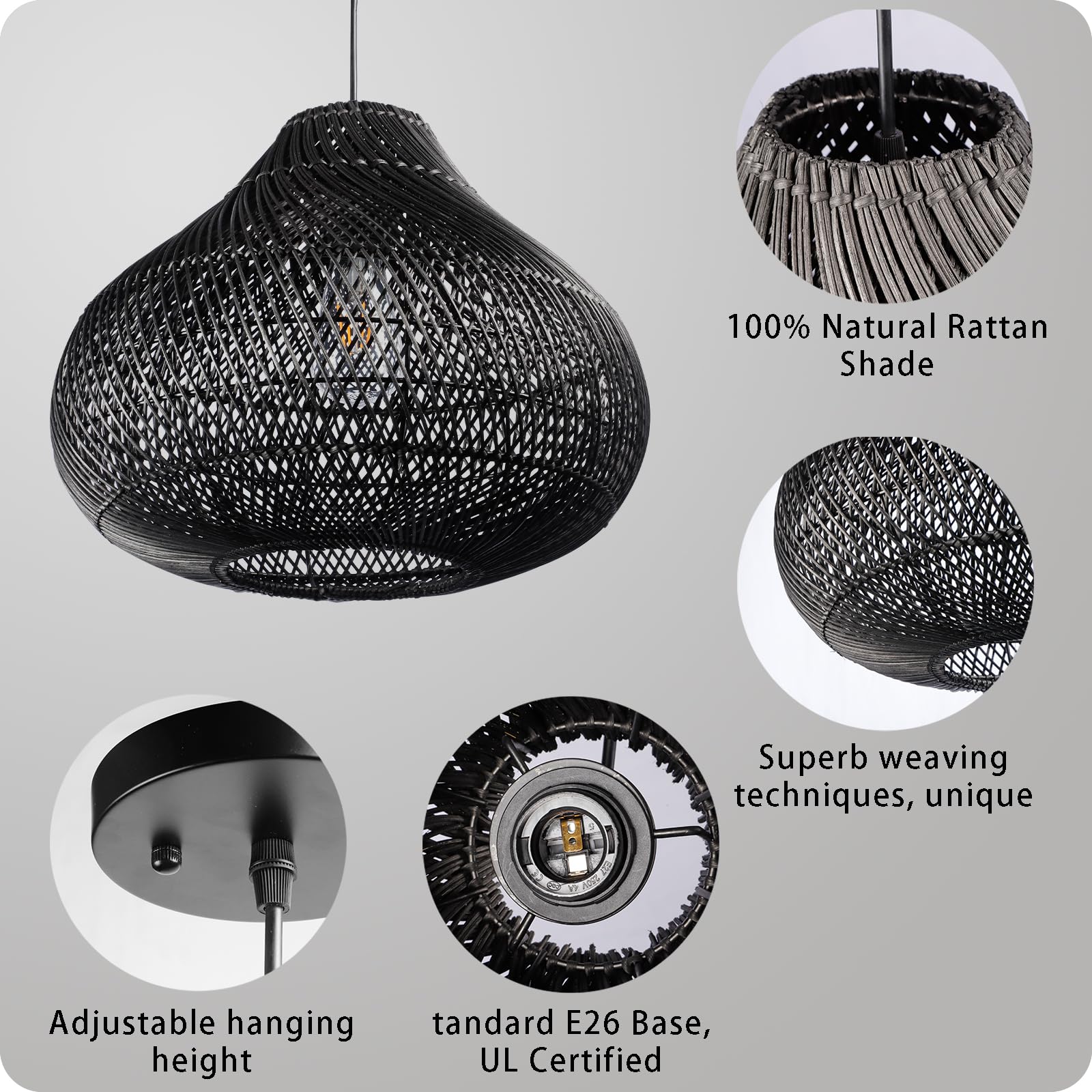 Karjear Black Rattan Chandelier, 16.5&quot; Hand-Woven Pendant Light For Dining Room & Kitchen