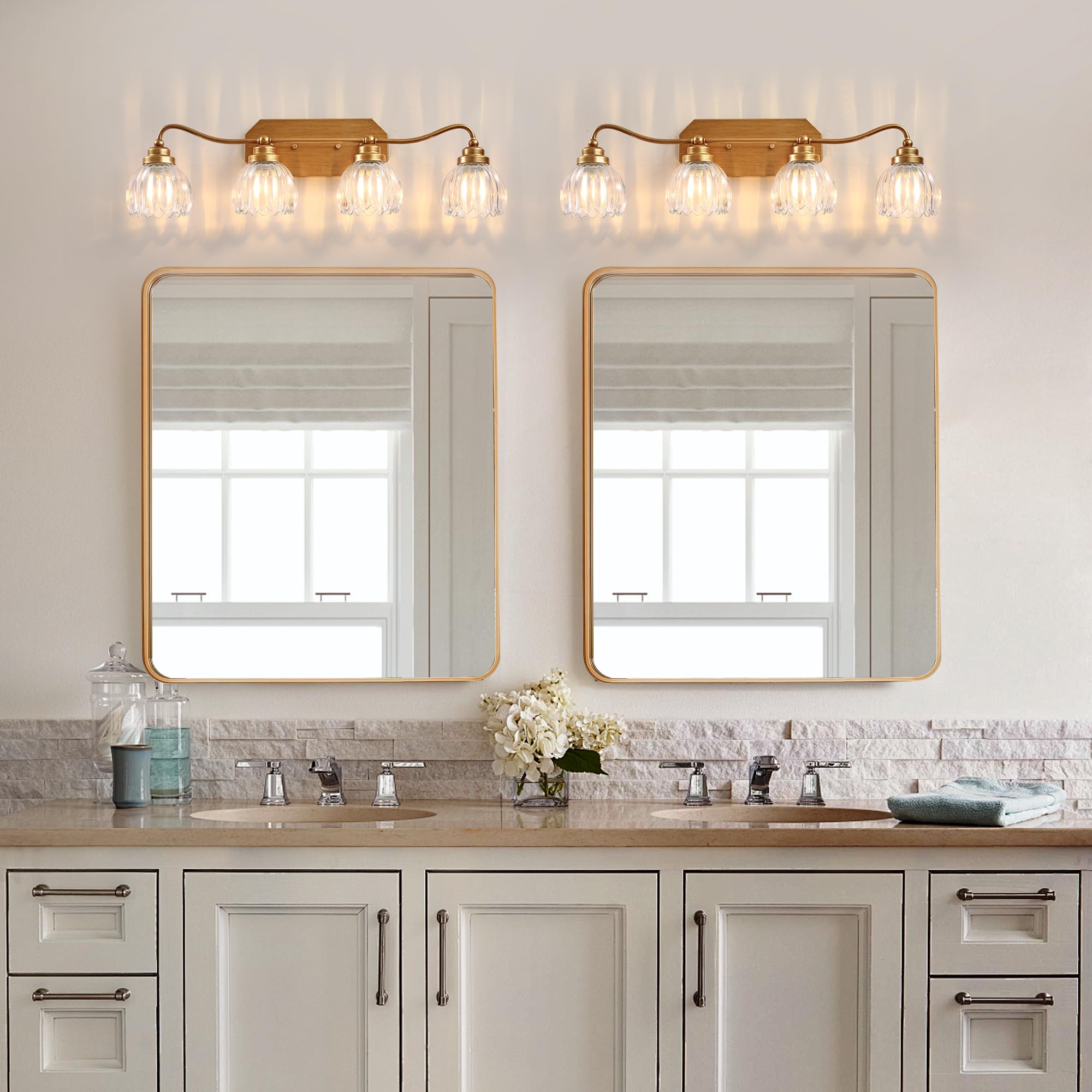 Cmnvmn Vintage Bathroom Light Fixtures  4 Light Gold Bathroom Vanity Light  Matte Antique Brass Finish With Crystal Glass Shade  Wall Sconces Lighting For Bedroom  Living Room  Hallway