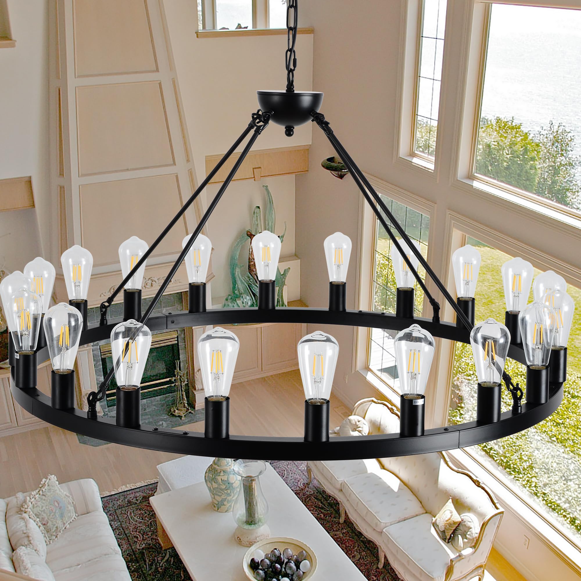 Sarudiir 40 Inch Black Wagon Wheel Chandelier 20-Light Farmhouse Round Wheel Chandeliers Hanging Light Fixture Outdoor Wagon Whe
