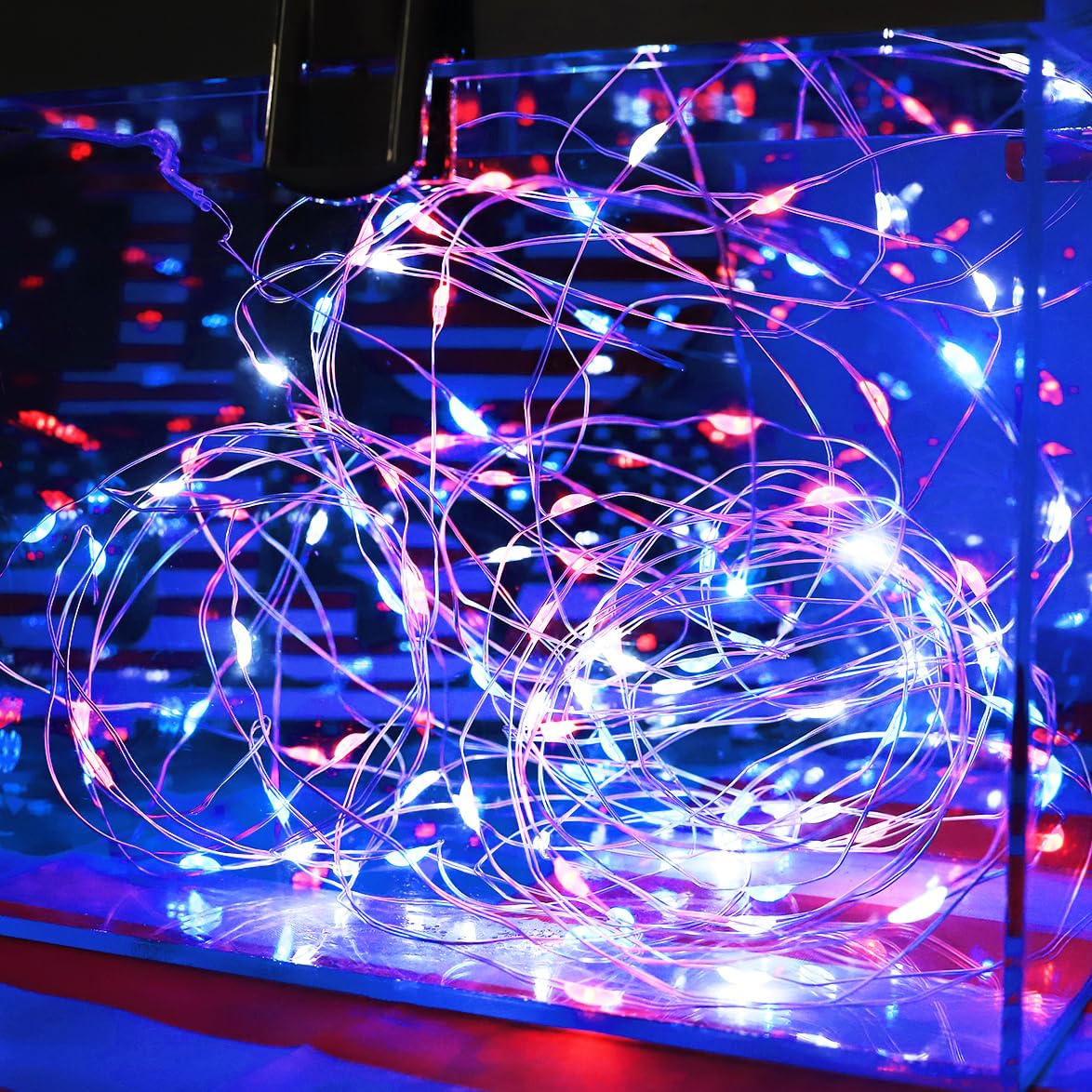 Curyidy Fairy Lights, 100LED Copper String Lights, Battery Operated, Remote Control, Red White Blue, 4 Pack
