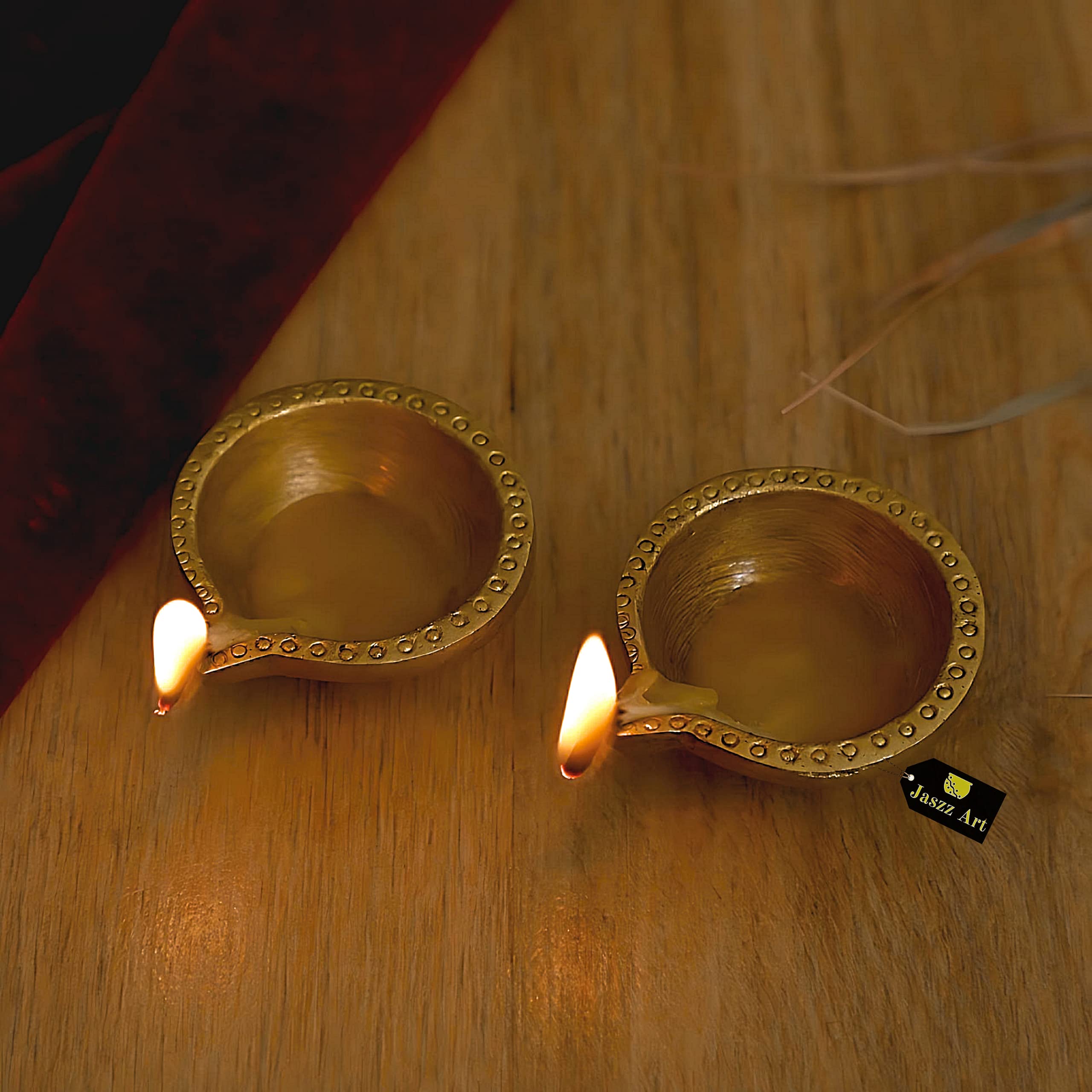 Jaszz Art Brass Diya (3 inches and 180g) Pair Small Ethnic Design Handmade Curved Oil Wick Antique Kuber Deepak Lamp for Home De