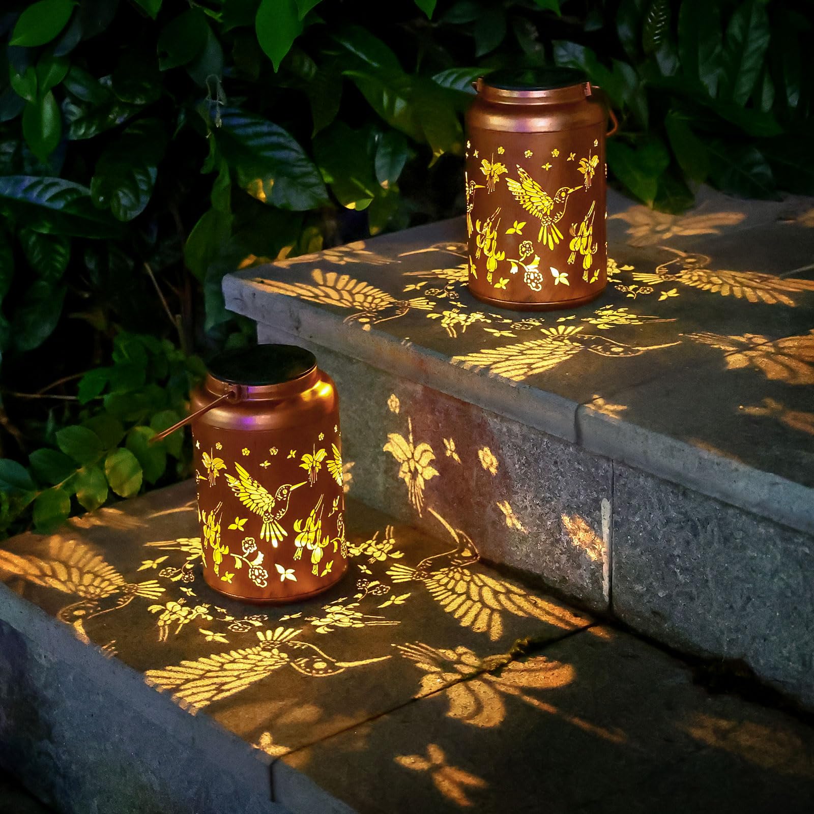 2 Pack Hummingbird Solar Lanterns Outdoor Waterproof Hanging Solar Lights Metal Decorative LED Lanterns Outside Gifts for Women 