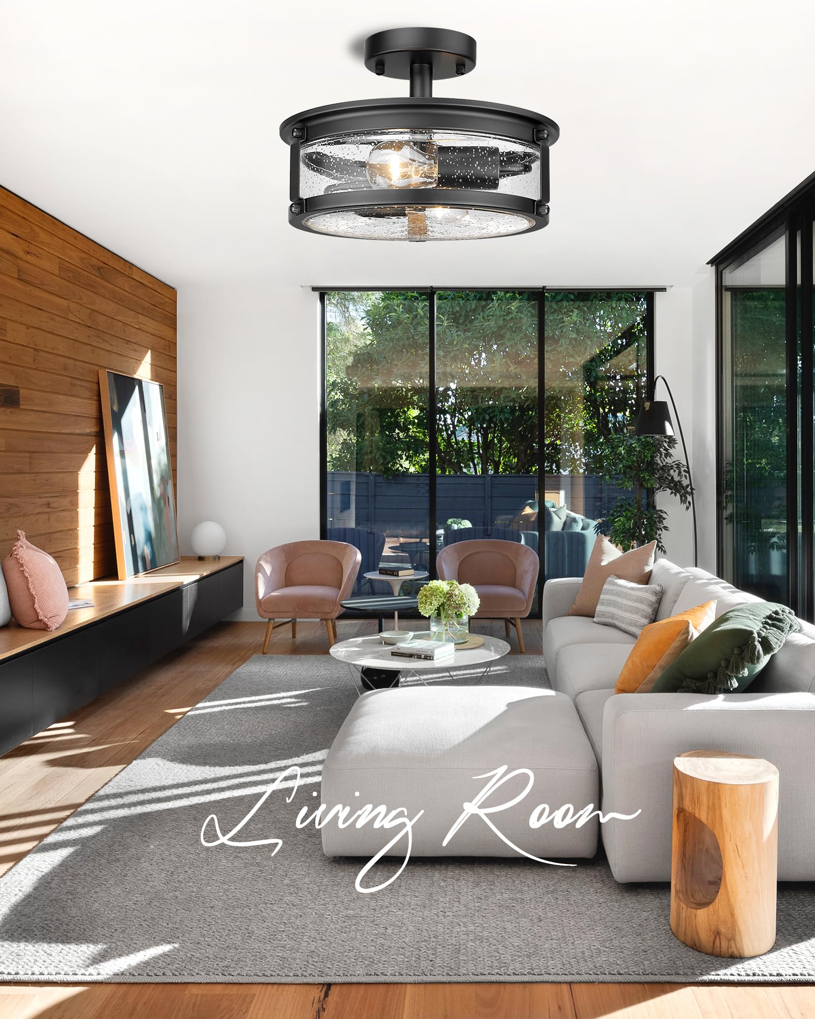 Foitton 2-Light Industrial Black Metal Semi Flush Mount Ceiling Light With Seeded Glass