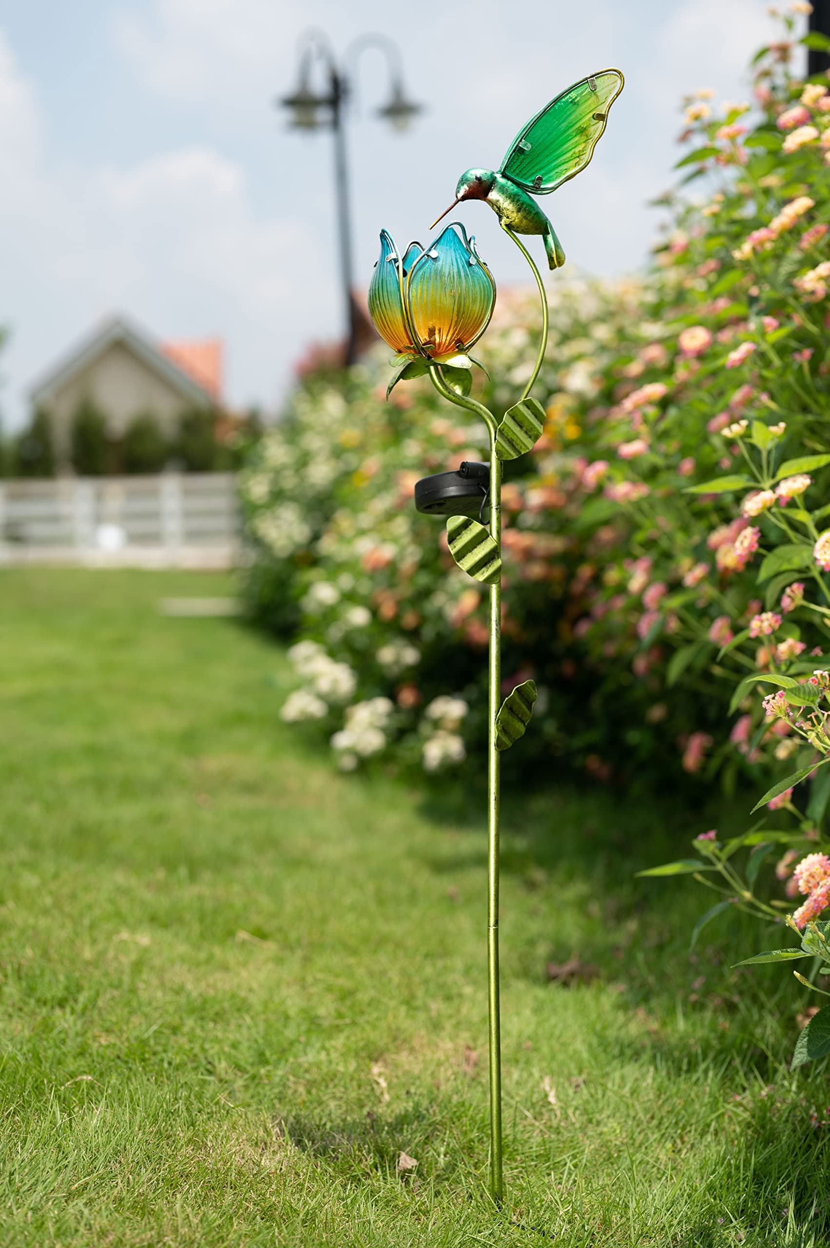 Teresa'S Collections Solar Glass Flower Bird Light, 41'' Metal Tulip & Hummingbird Garden Decor
