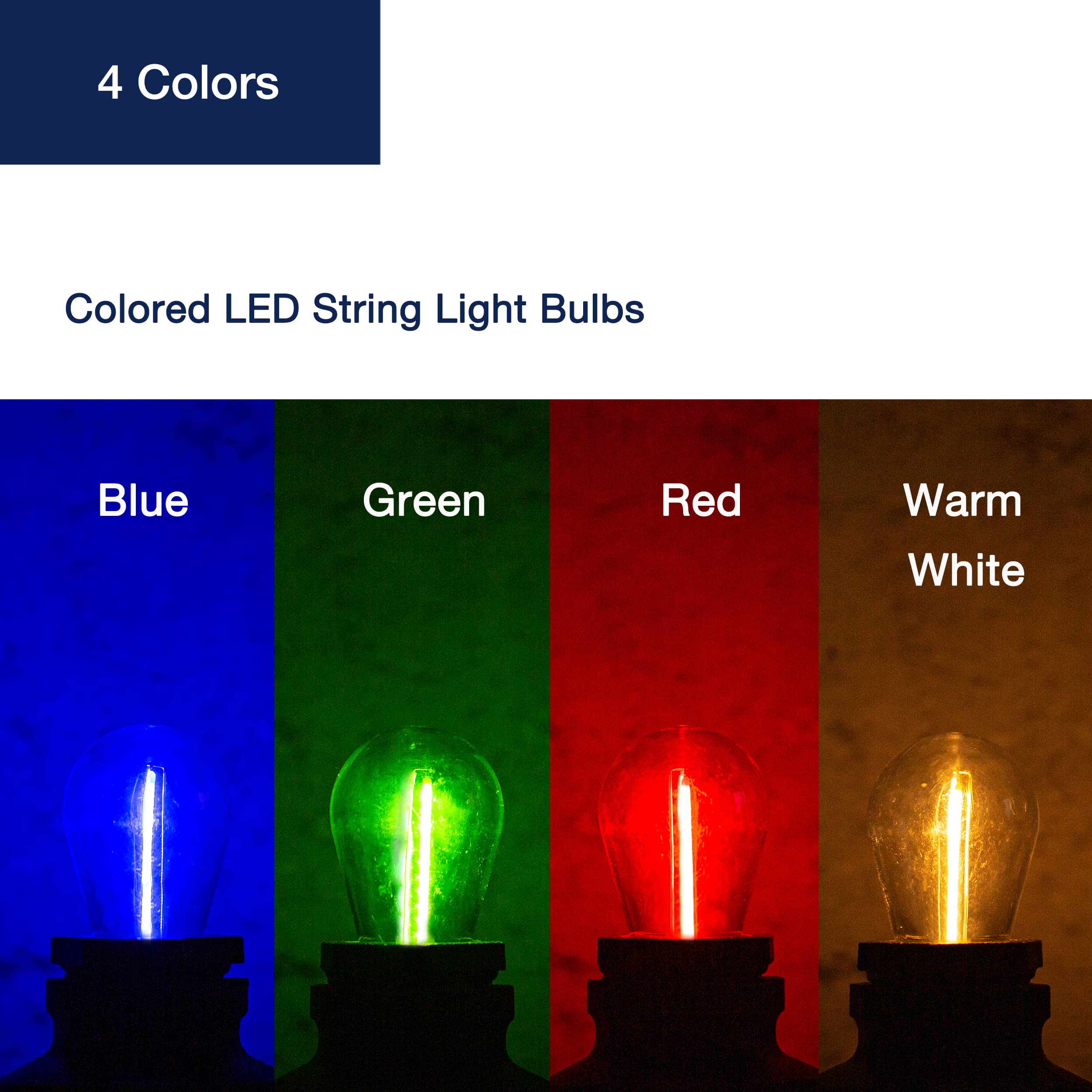 FLSNT 24-Pack S14 LED String Light Bulbs, Waterproof E26 Base, Multi-colored, Model DSS1405FIL-RGBW-24