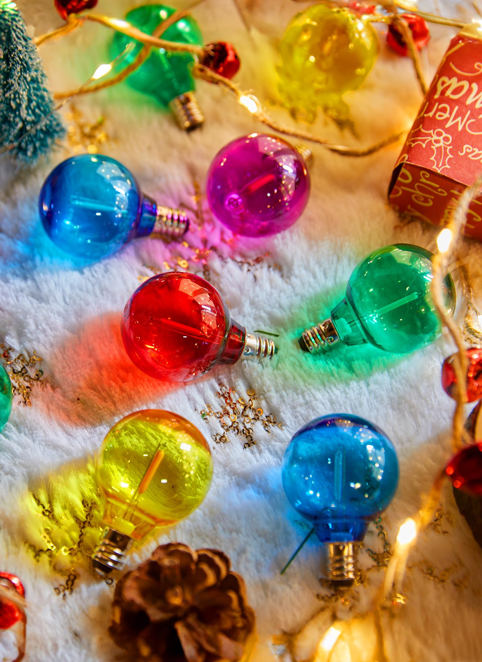 Brightown 50 Pack Multicolor G40 Led Christmas Replacement Light Bulbs, Ul Listed, 1 Watt E12/C7 Candelabra Base Plastic Shatterproof Led Globe Edison Bulbs, Easily Screw In Strings Spools Strands