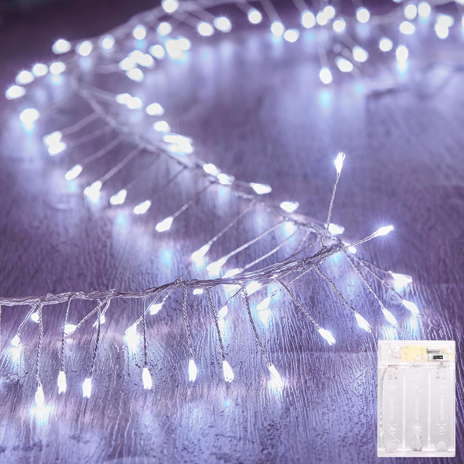 10Feet Battery Operated Fairy Lights, 120LEDs Firecracker String Lights Waterproof Silver Wire Starry Firefly Lights for DIY Wreath Home Weeding Indoor Outdoor Christmas Decorations, Pure White
