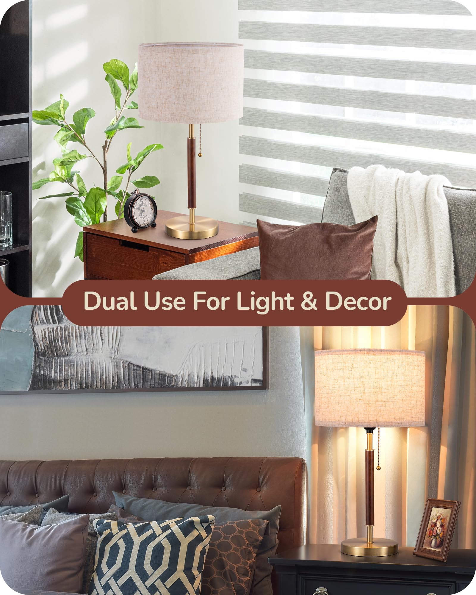 EDISHINE Mid Century Table Lamp, Metal & Wood, Pull Chain Switch, Bronze Finish, Modern Design for Bedroom, Living Room, Office