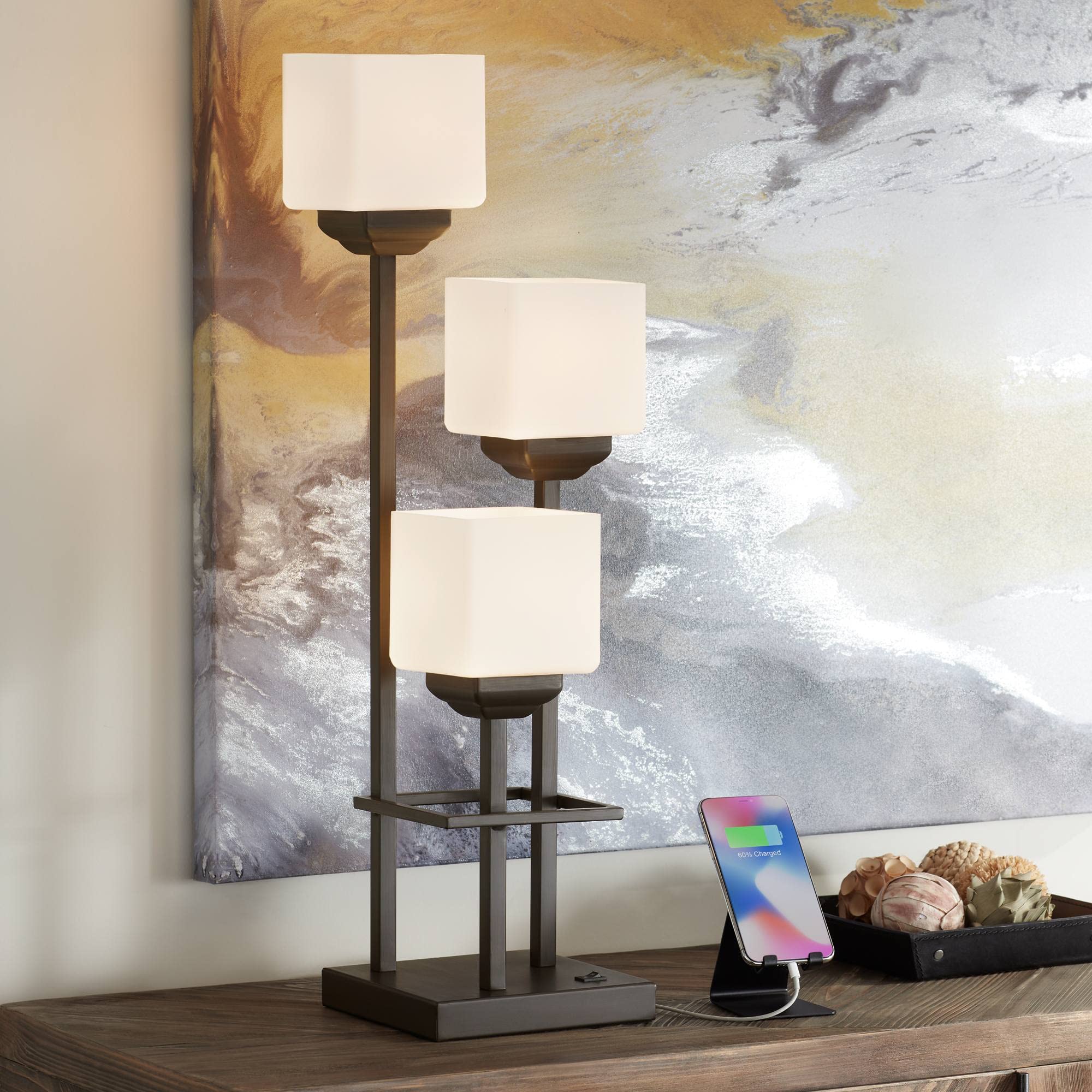 Franklin Iron Works Modern Console Table Lamp 29 1/2'' Tall with USB Charging Port Bronze Metal White Glass Square Shade for Bed