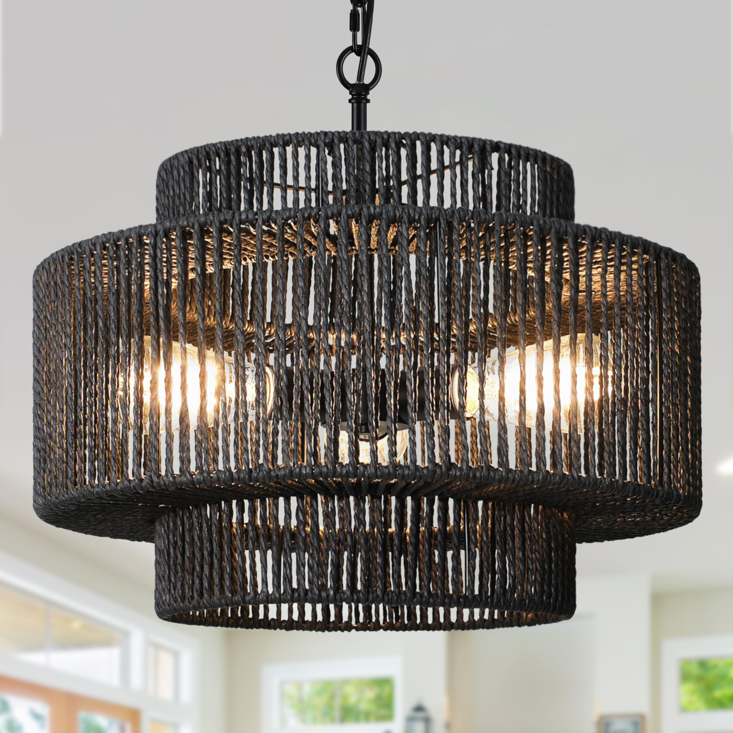 Bagood 18'' Rattan Pendant Light Black Hand-Woven Rattan Chandelier 3-Light Woven Pendant Light 3-Tier Wicker Pendant Light Rust