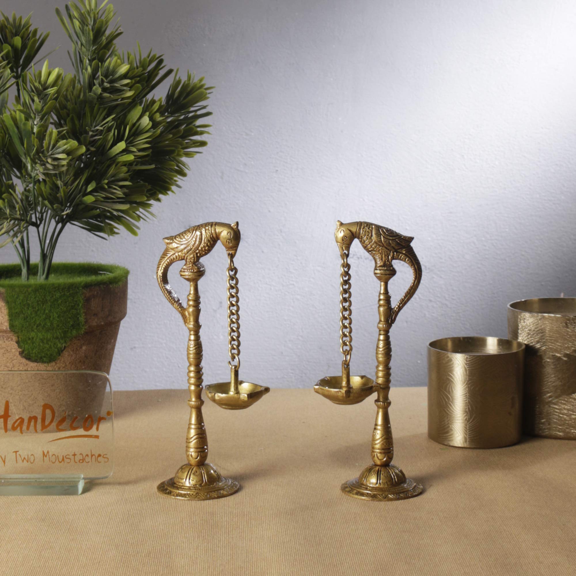 Two Moustaches Parrot Design 7.5 Inches Brass Hanging Diya Pair (Pack of 2), Antique Yellow, Standard