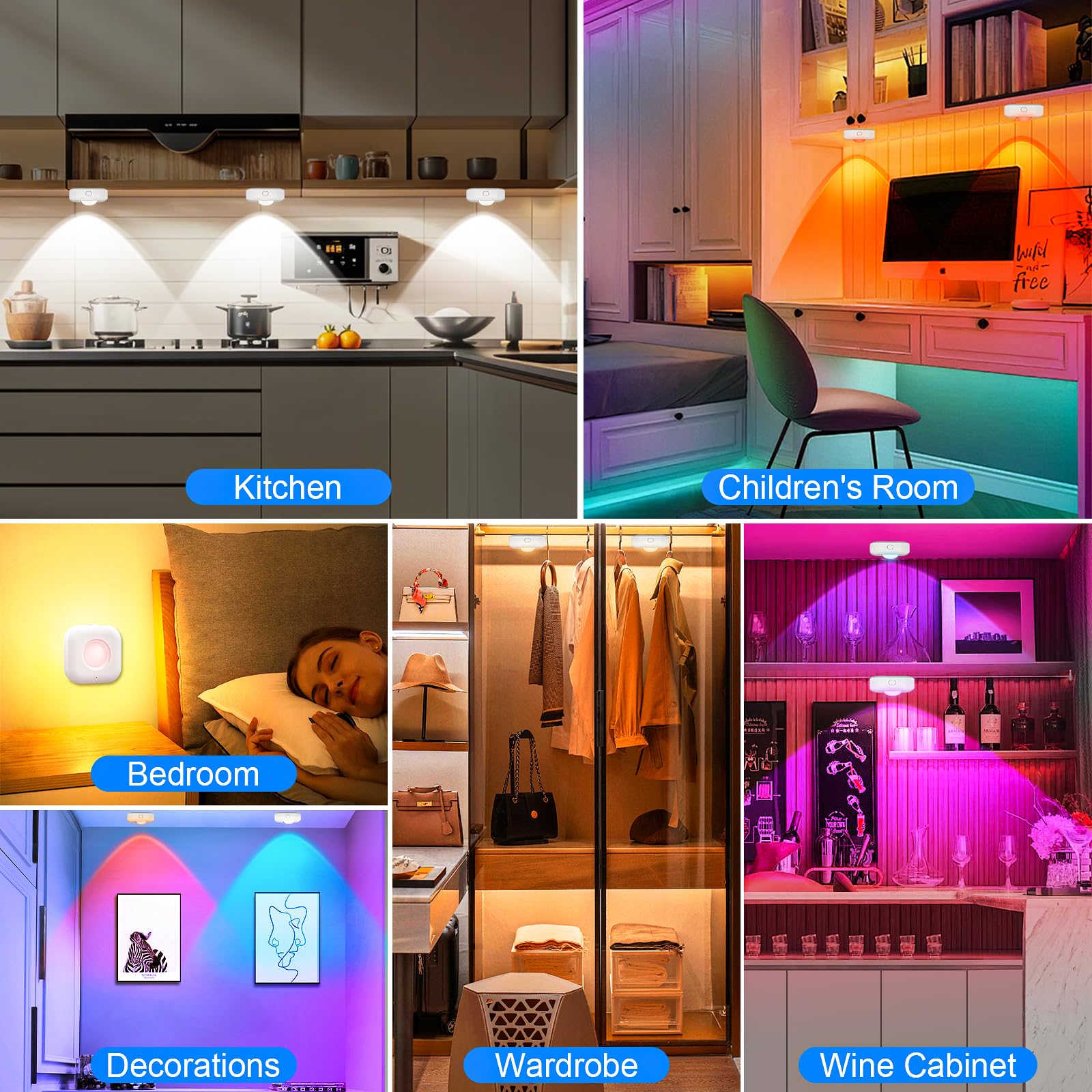 Godenba Rgb Puck Lights With Remote Control, Rechargeable Under Cabinet & Closet Lights, 1500Mah Battery, Dimmable Wireless Stic