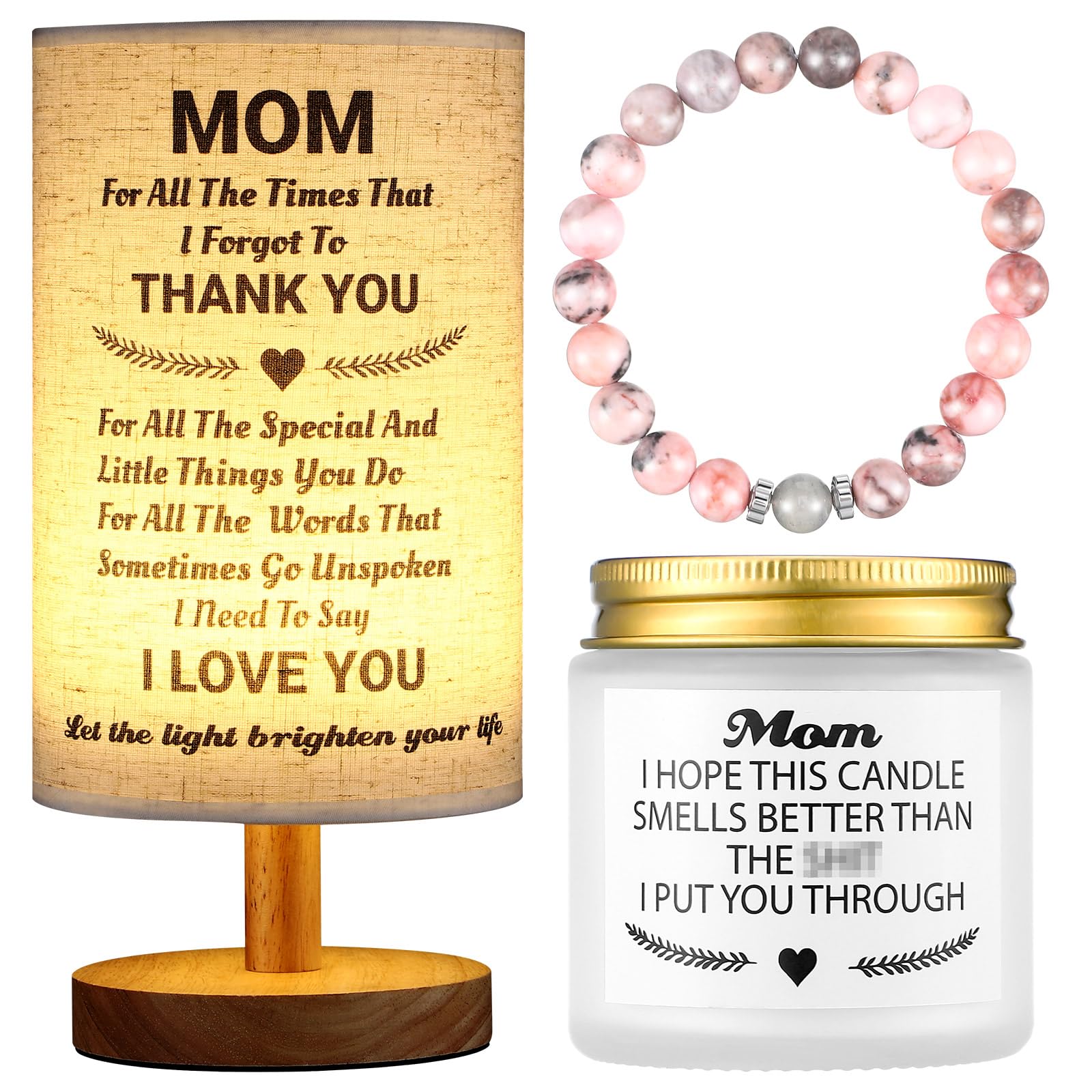 Rossesay 3 Pcs Gifts for Mom from Daughter Son Mom Birthday Gifts Set Moonstone Bracelet Candles Fabric Lamp Bedside Desk Lamps 