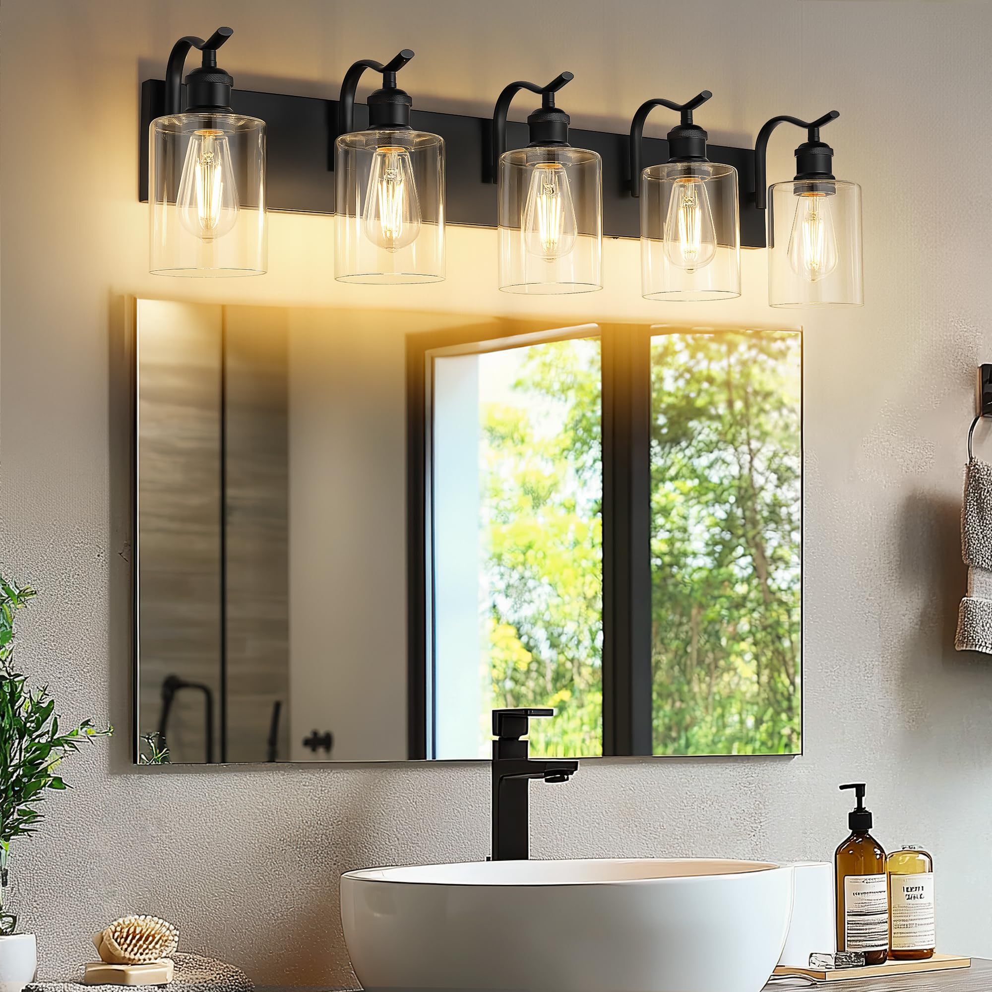 JAZAVA 5-Light Bathroom Vanity Light, Modern Black Wall Sconces with Clear Glass Shade, Model ZCVL01BK-5