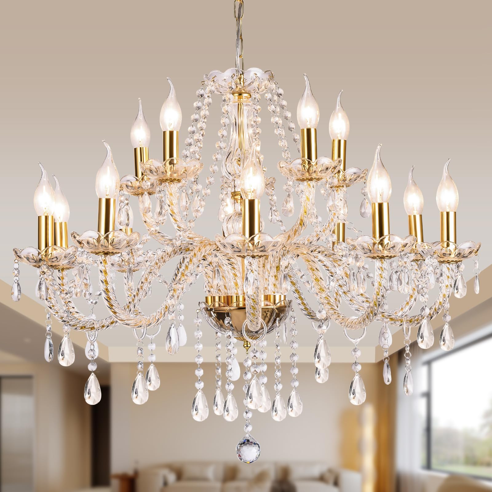 Baotree Modern Elegant 15 Lights K9 Crystal Glass Chandelier Golden Pendant Ceiling Lighting European Style for Dining Living Ro