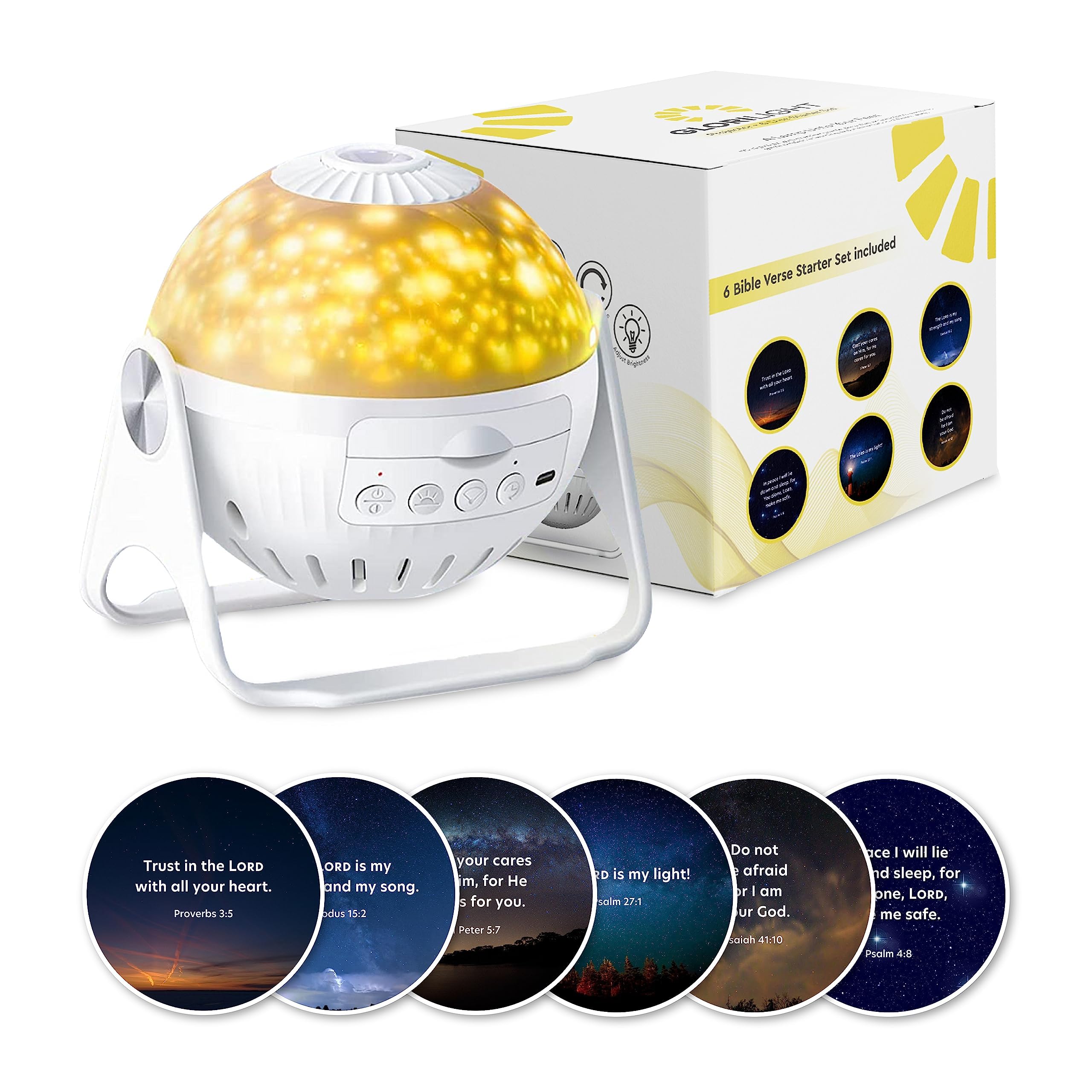 Glorilight Hd Projector Night-Light Starter Set, Project Bible Verses On Walls Or Ceilings, Includes 6 Interchangeable Discs, Help Children Live By The Truth Of God’S Word, Bible Education For Kids