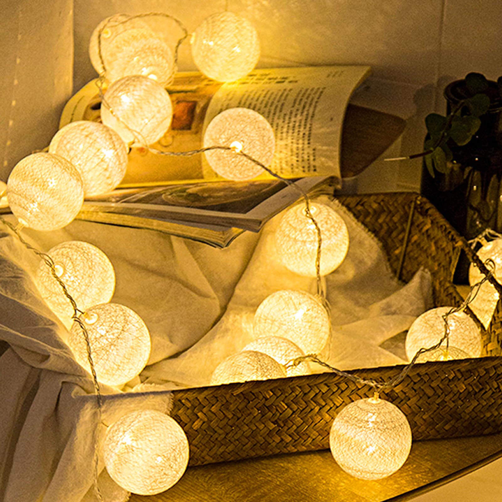 Anordsem Cotton Lights - White Battery Operated Ball String Light For Bedroom Decor, 2 Pack