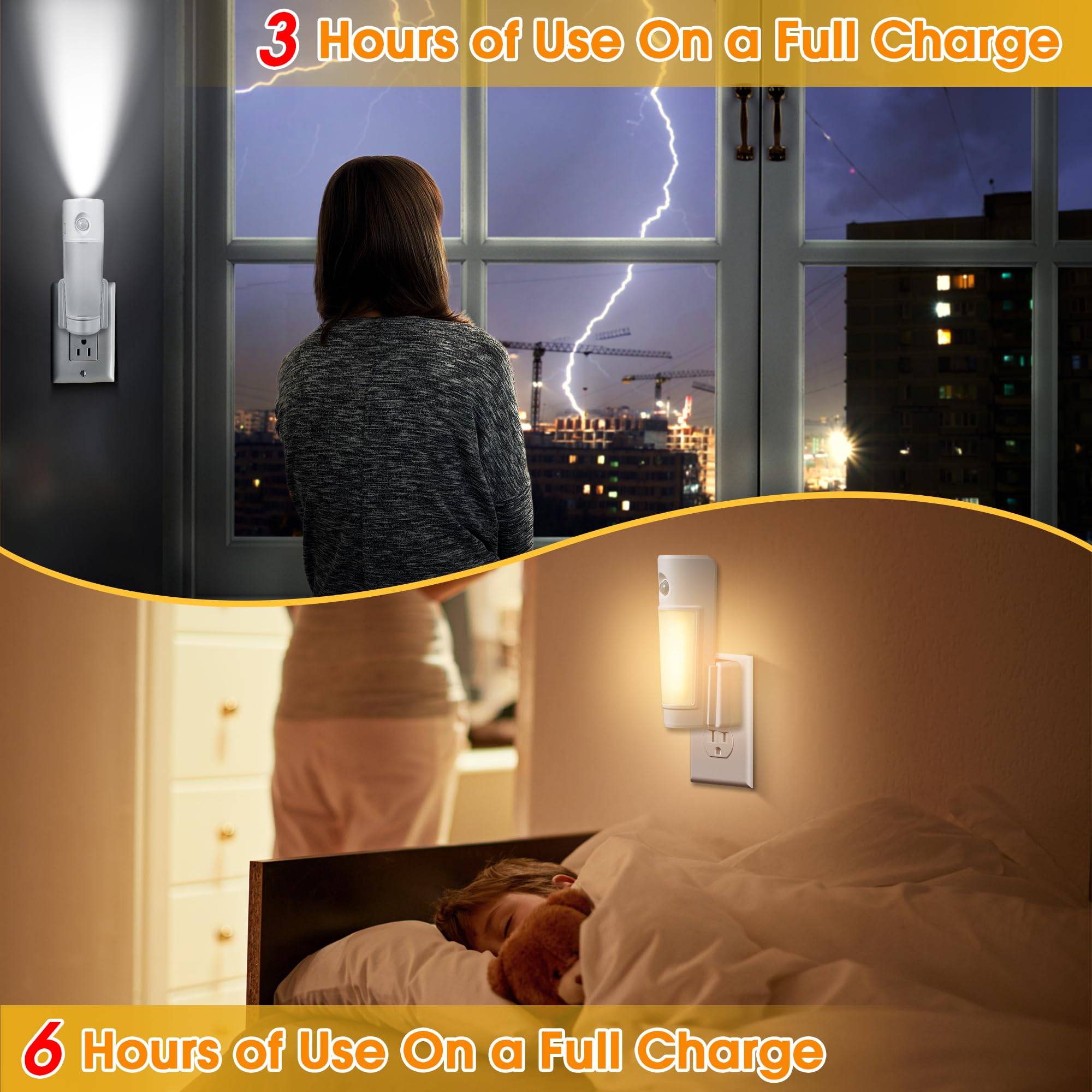 Enhon 4 in 1 LED Rechargeable Flashlights, 3 Pack Emergency Lights with Motion Sensor, Portable Power Outage Night Light - White